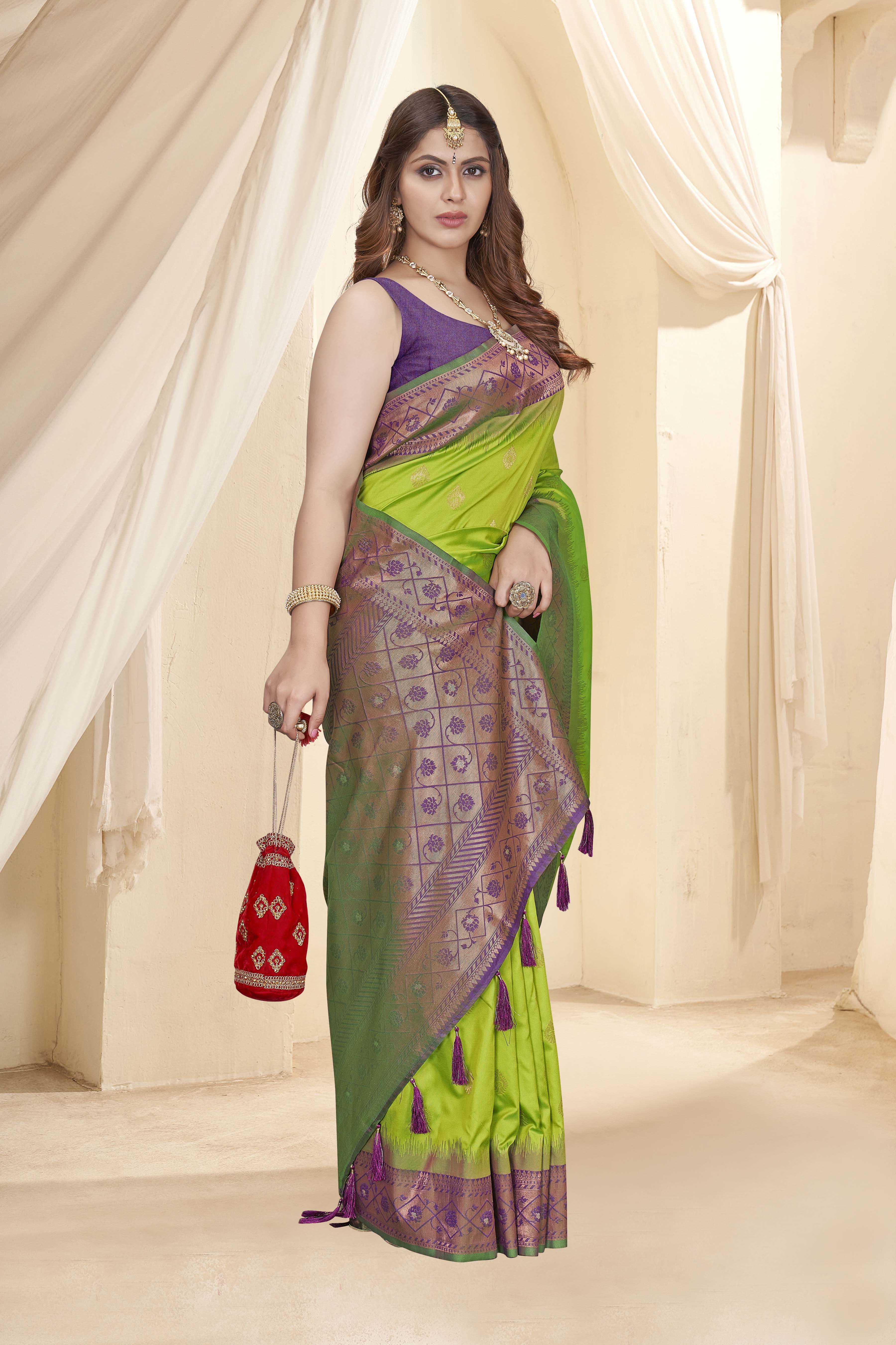Parrot Green Soft Silk Floral Border Contrast Zari Woven Saree