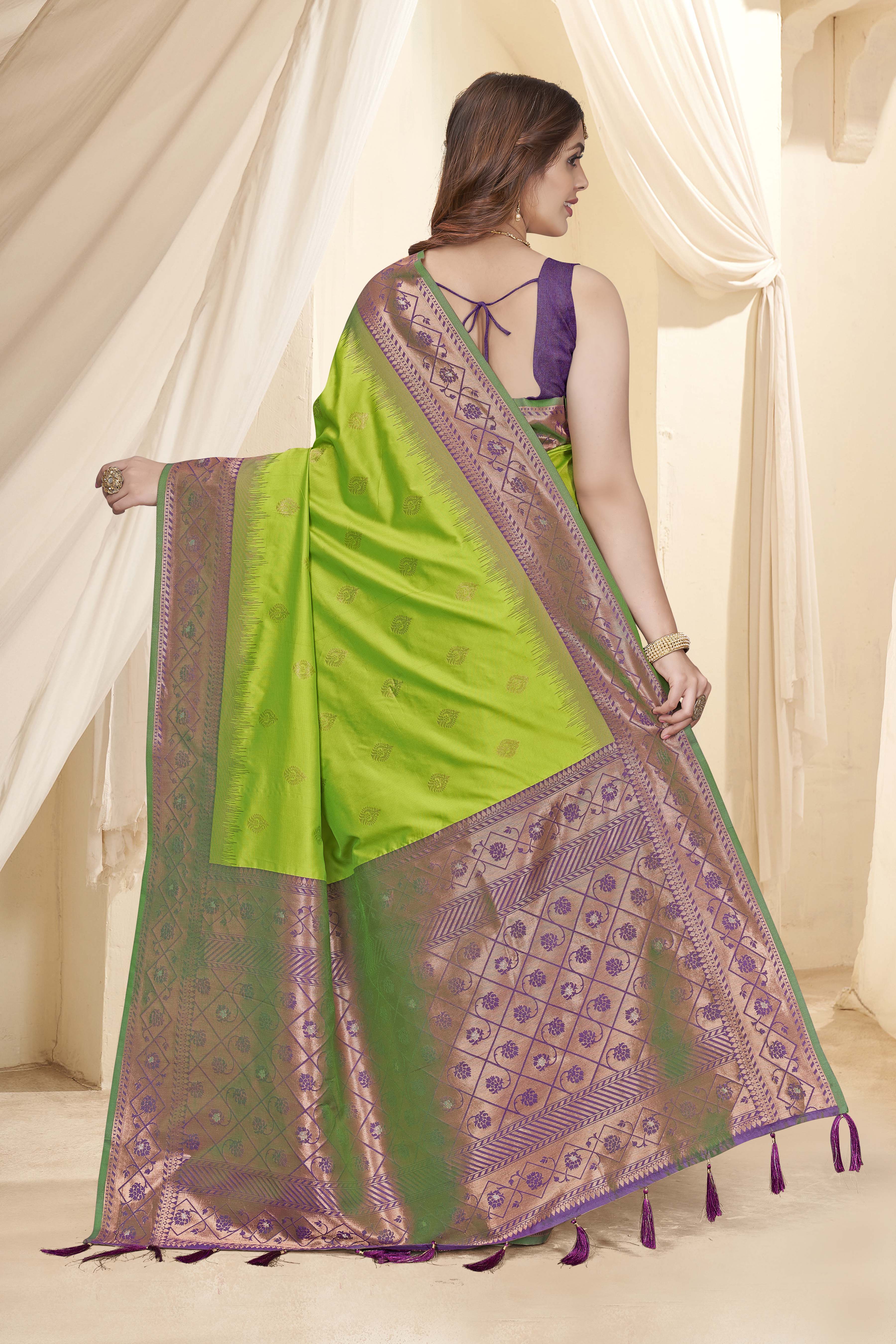 Parrot Green Soft Silk Floral Border Contrast Zari Woven Saree