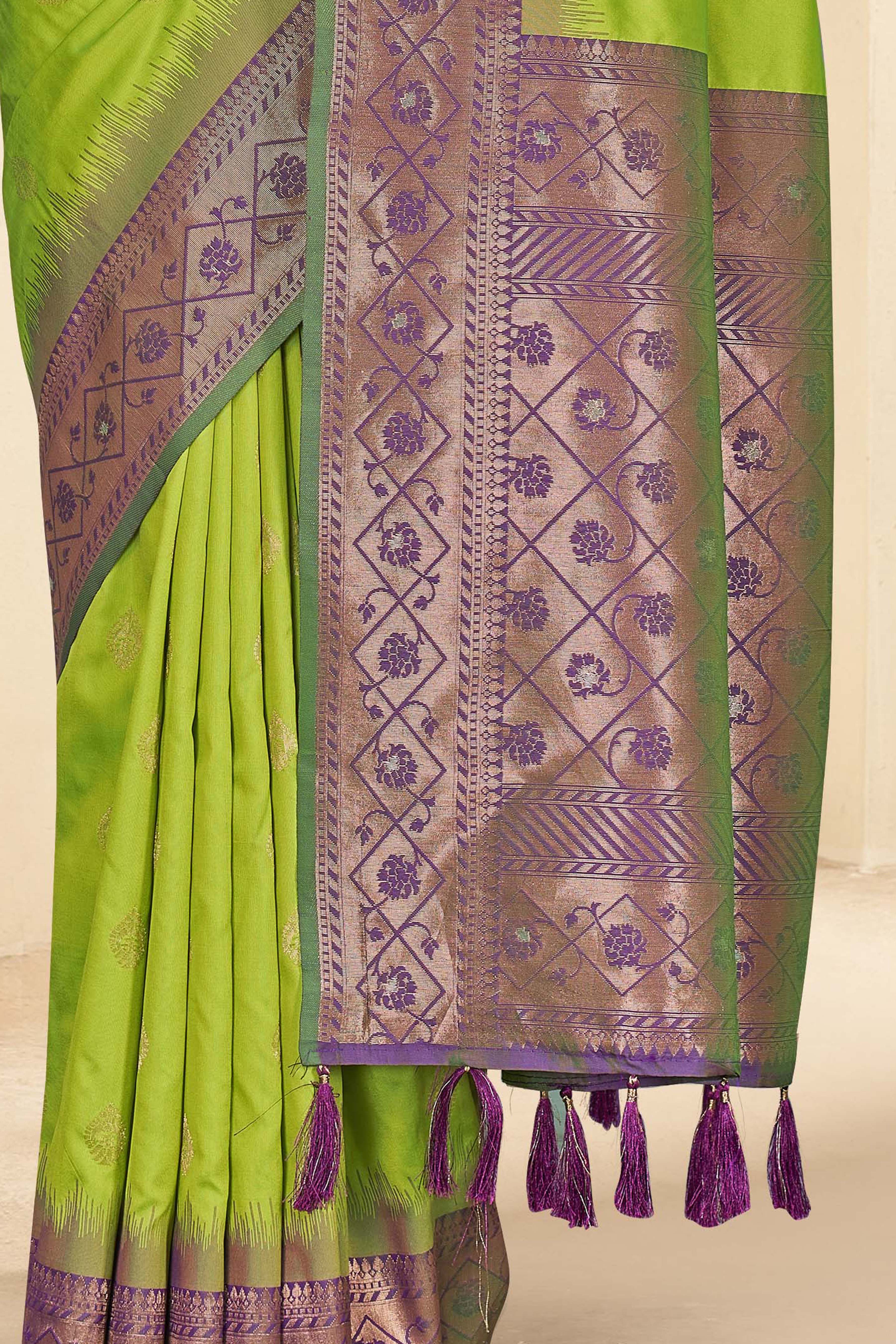 Parrot Green Soft Silk Floral Border Contrast Zari Woven Saree