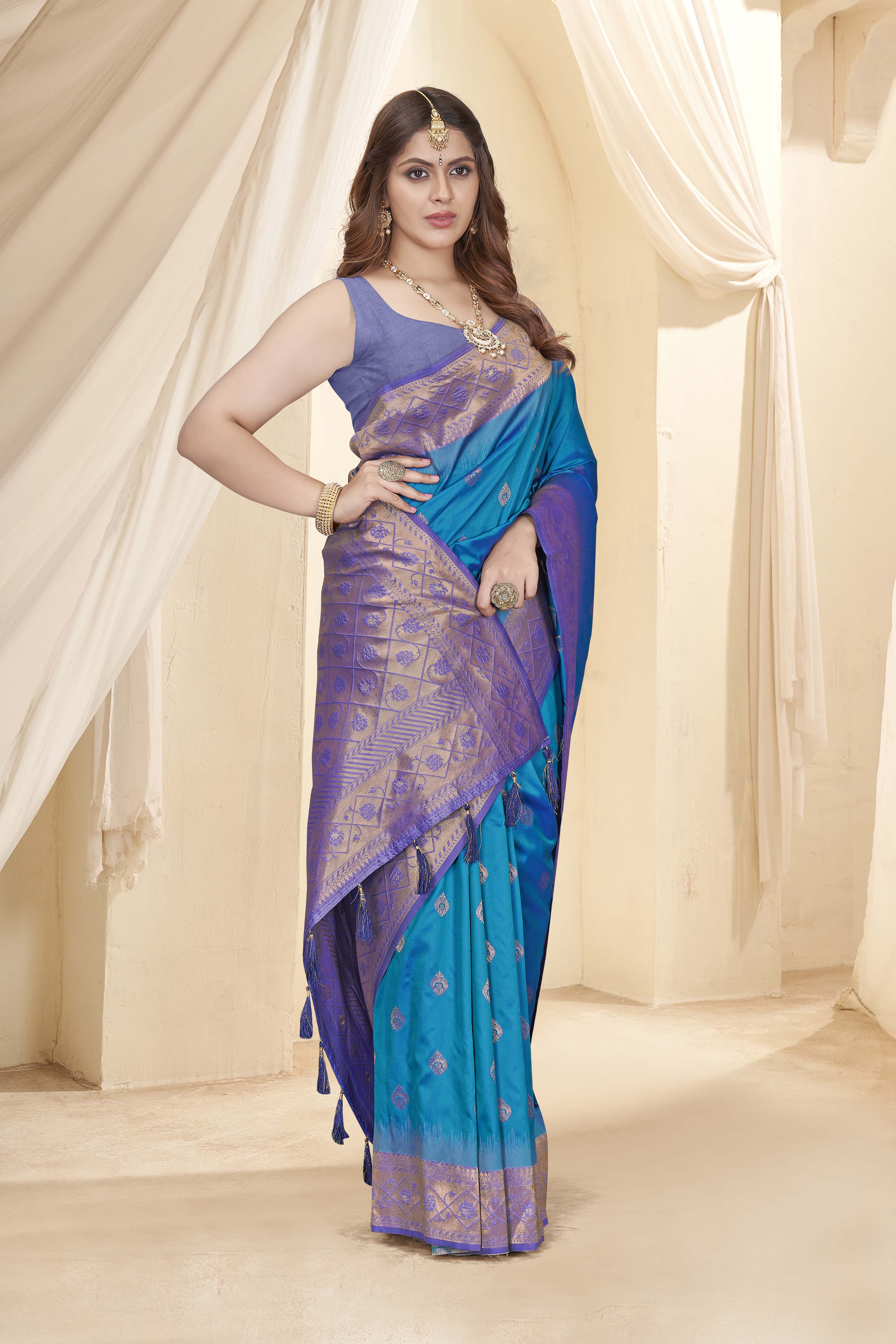 Rama Blue Soft Silk Floral Border Contrast Zari Woven Saree
