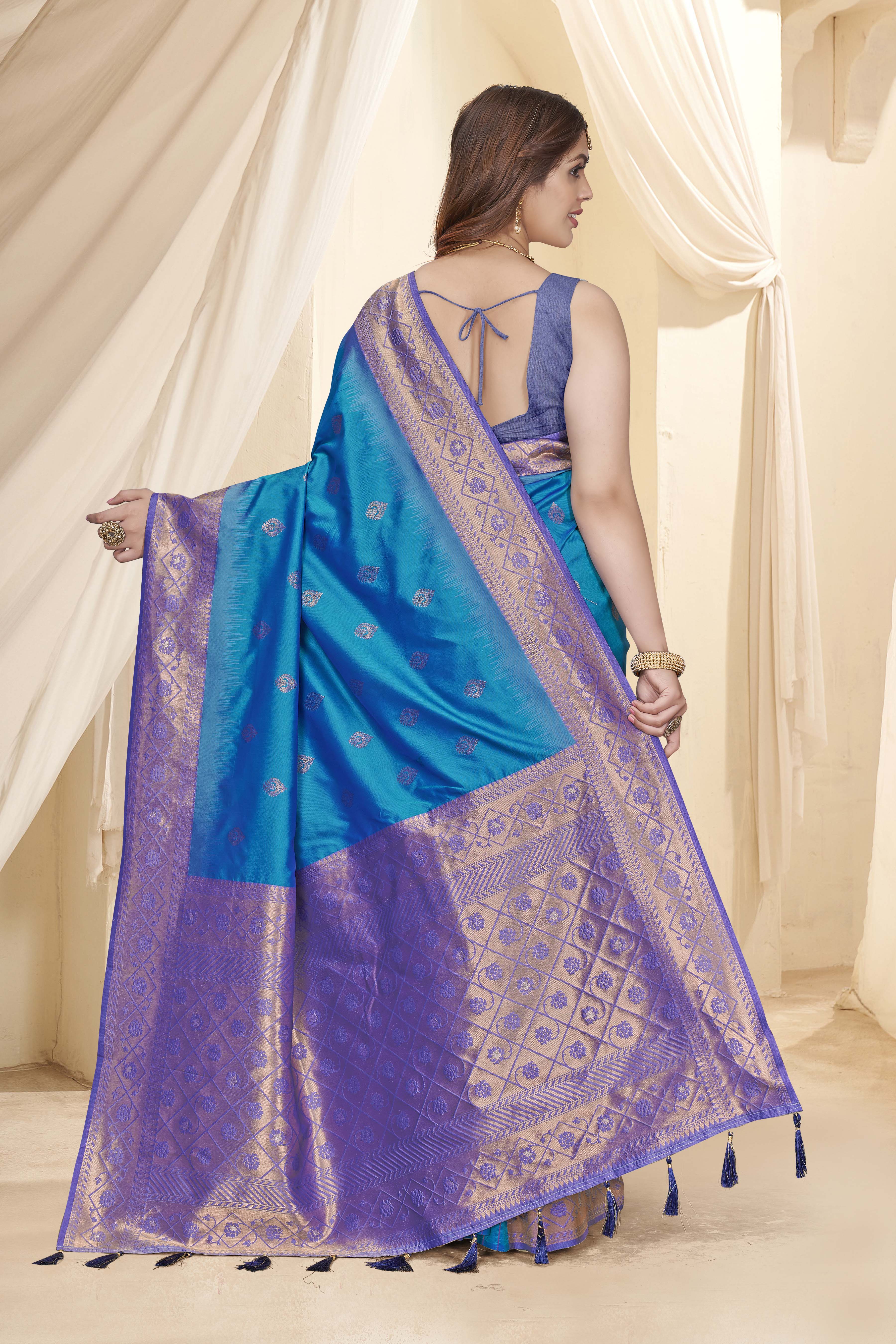 Rama Blue Soft Silk Floral Border Contrast Zari Woven Saree