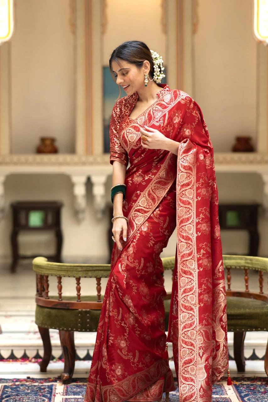 Hema Red Banarasi Silk Saree WIth Fabulouse Blouse Piece