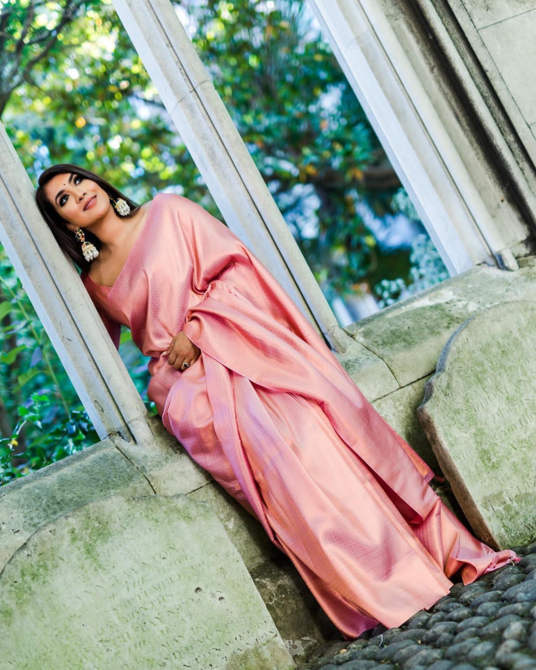 Bindu Peach Litchi Silk Saree With Attached Blouse