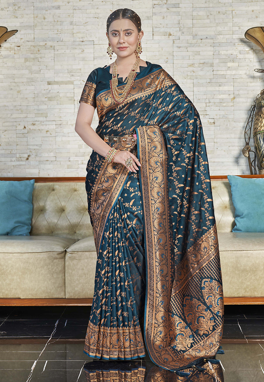 Dark Green Zari Woven Banarasi Jaal Katan Silk Saree