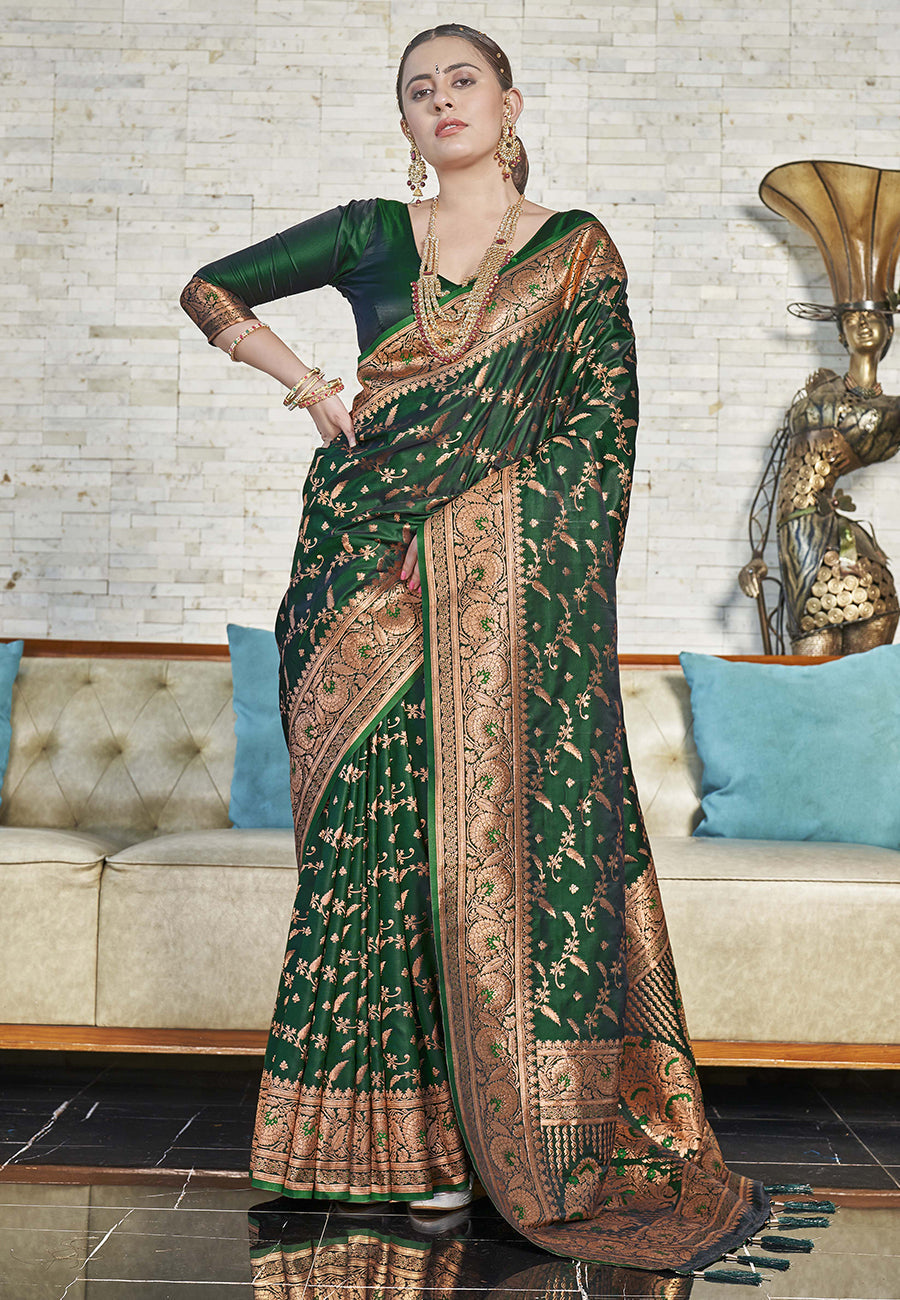 Dark Green Zari Woven Banarasi Jaal Katan Silk Saree