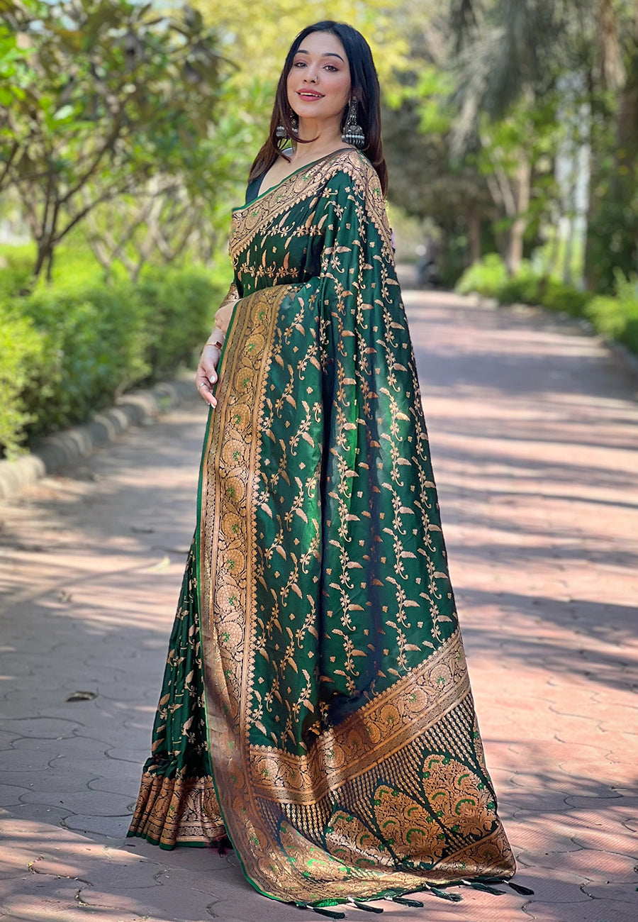 Dark Green Banarasi Jaal Katan Silk Zari Woven Saree