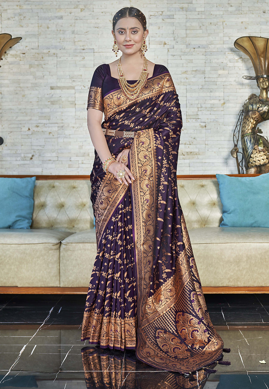 Wine Zari Woven Banarasi Jaal Katan Silk Saree