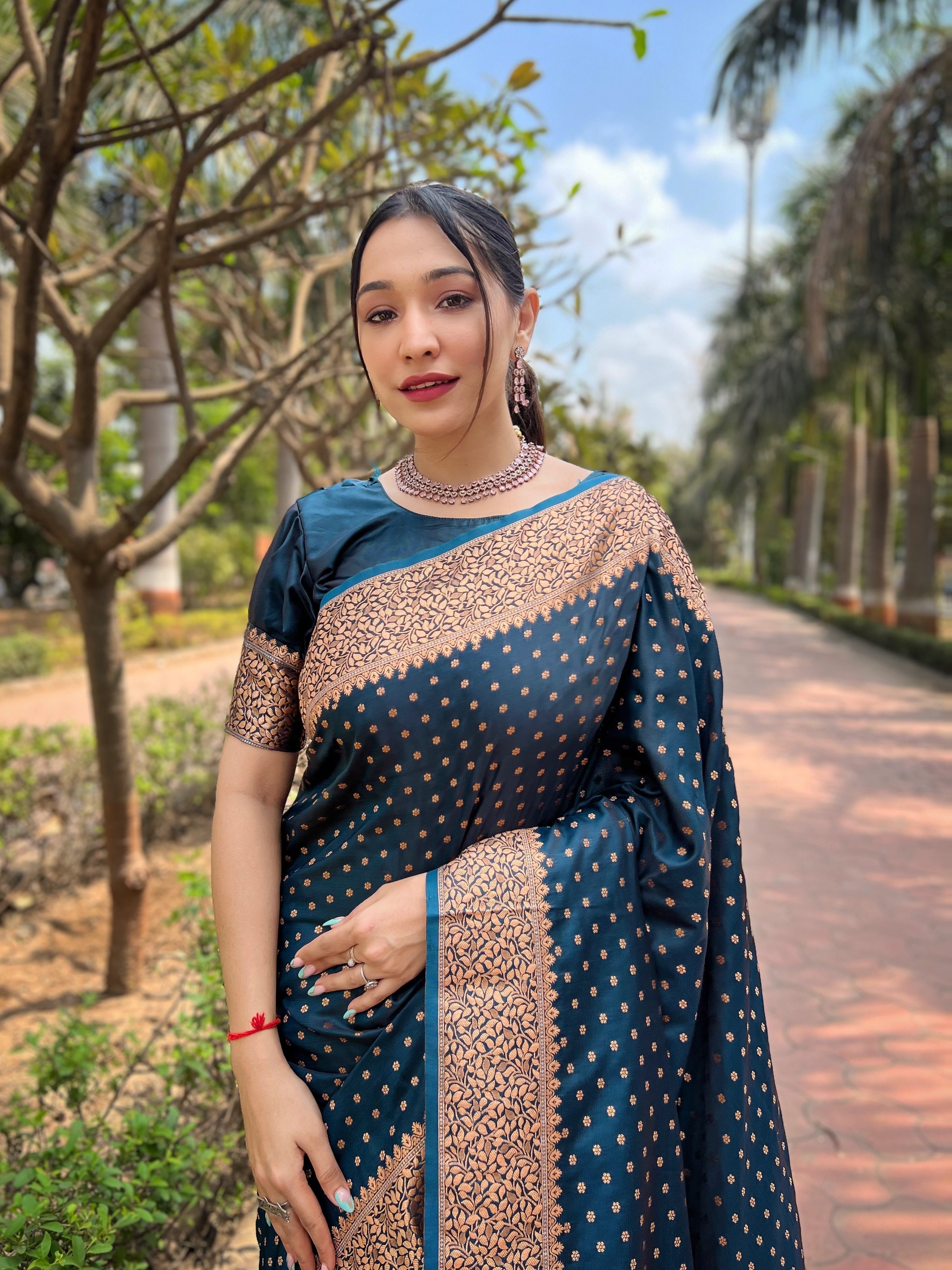 Blue Charcoal Banarasi Katan Soft Silk Saree
