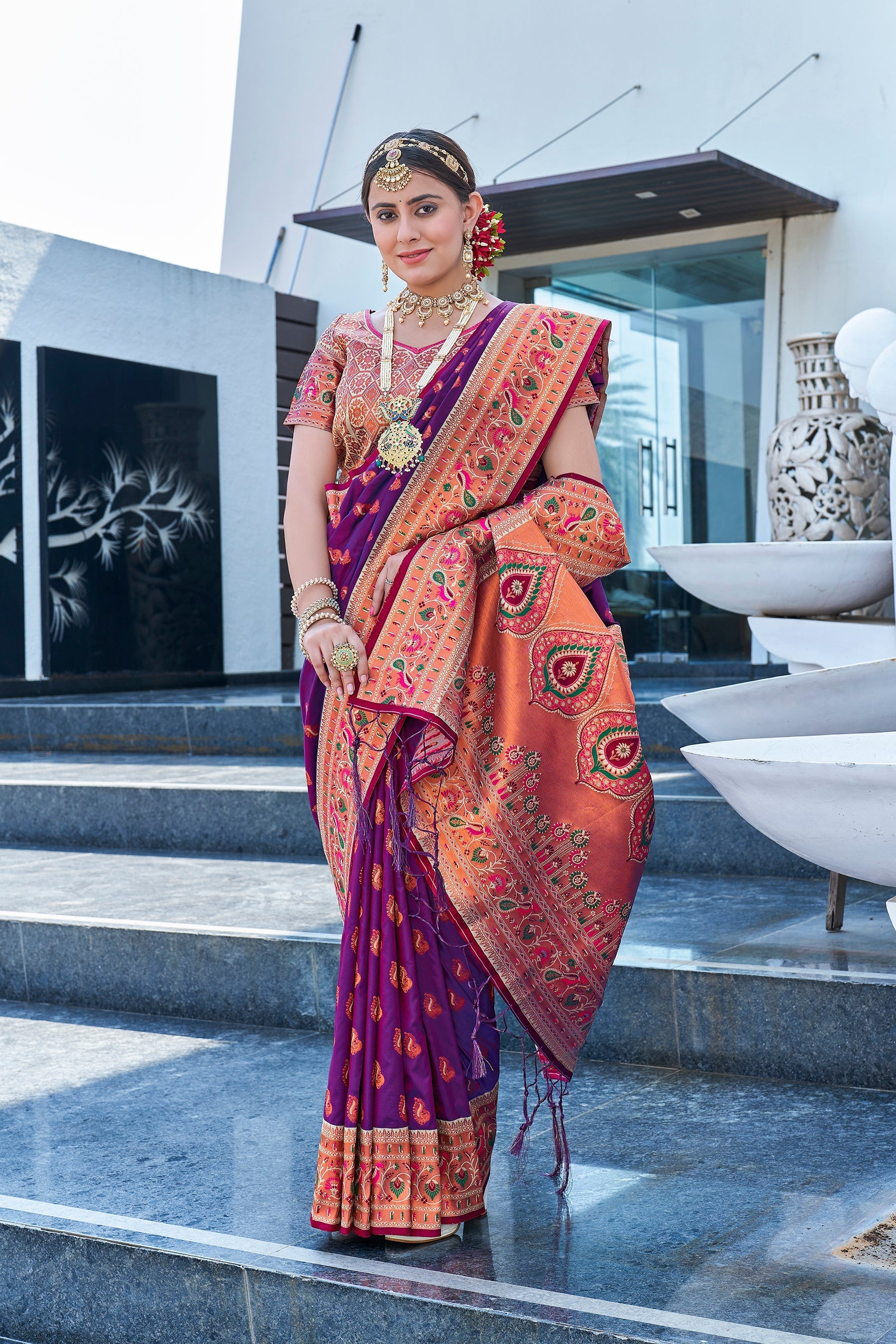 Latest Purple Meenakari Paithani Silk Zari Woven Saree