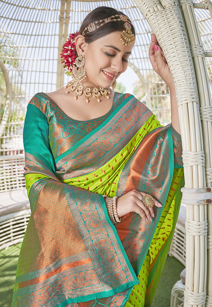 Lime Colour Butti Zari Woven Paithani Silk Saree With Resham Tassel