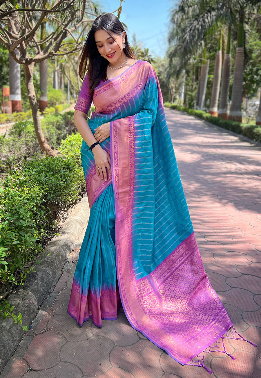 Sky Blue Soft Silk Floral Border Contrast Zari Woven Saree