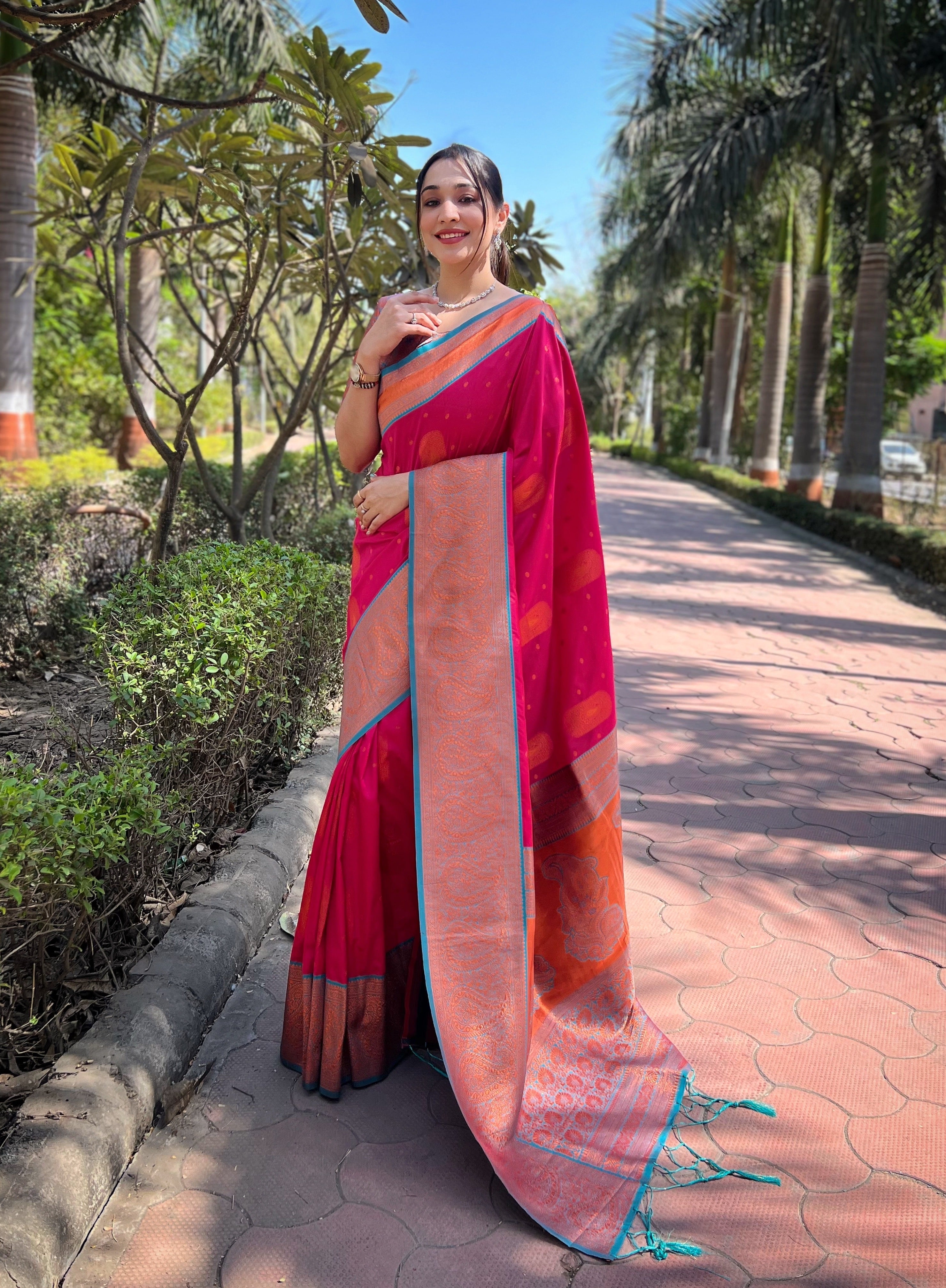 Pink Soft Silk Contrast Gold Zari Woven Saree