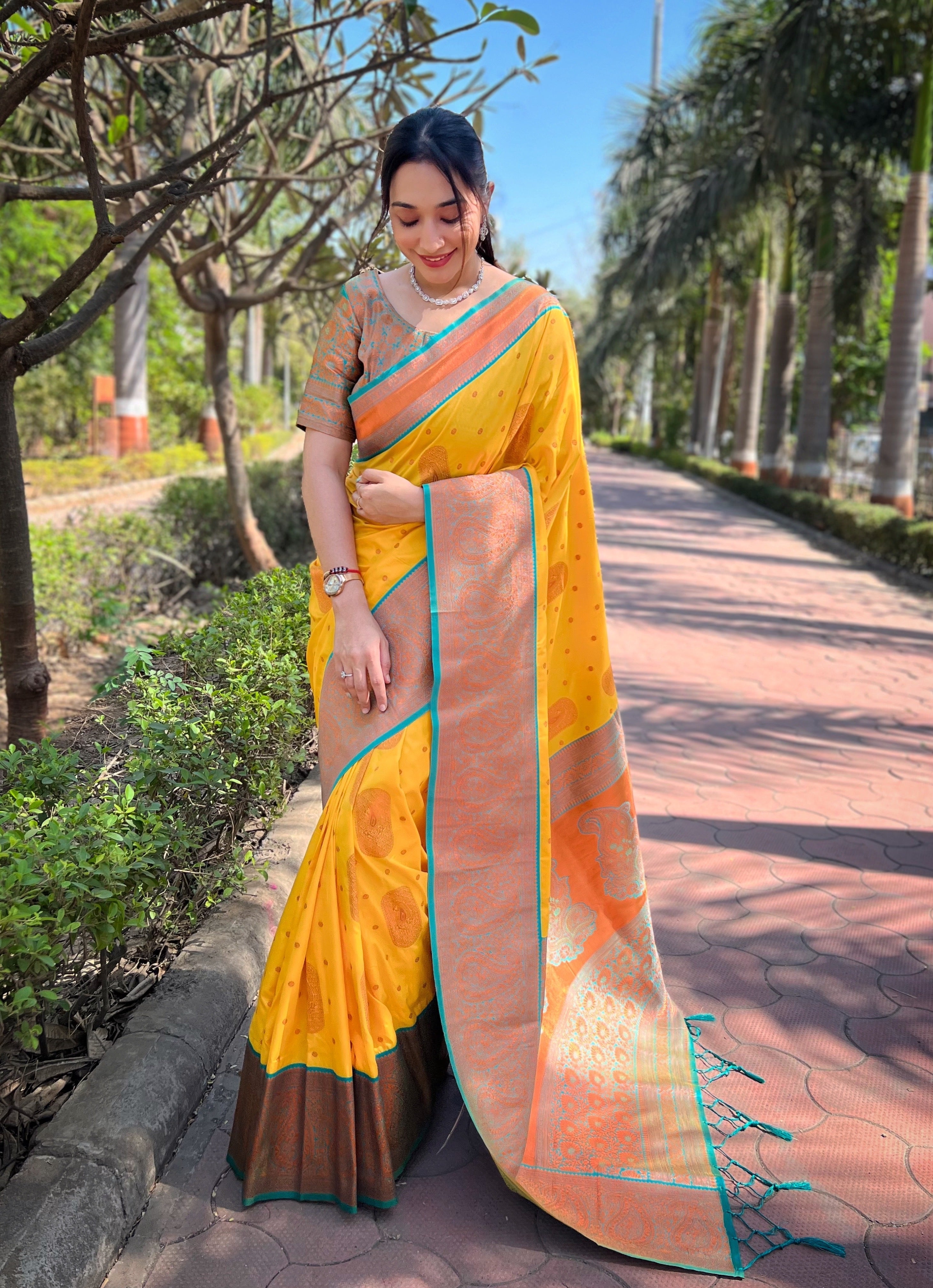 Yellow Soft Silk Contrast Gold Zari Woven Saree