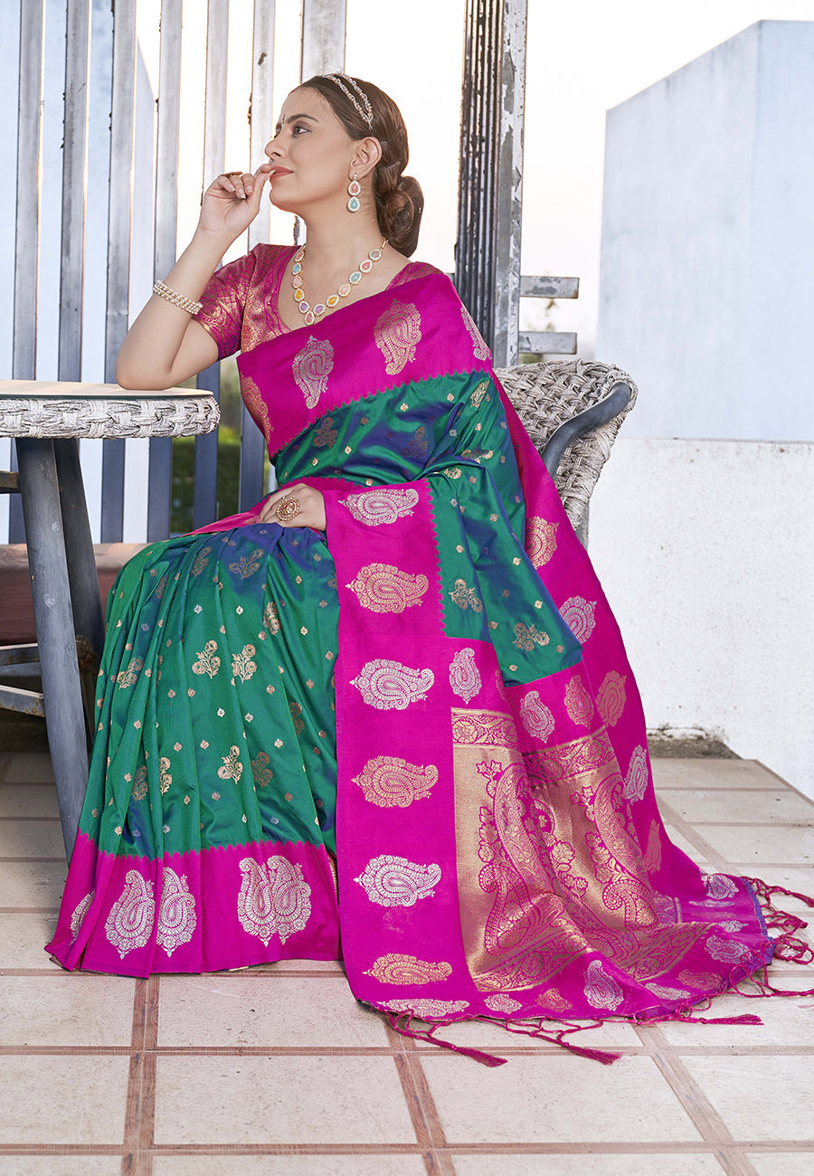 Bollywood Dark Green Soft Silk Contrast Zari Woven Saree