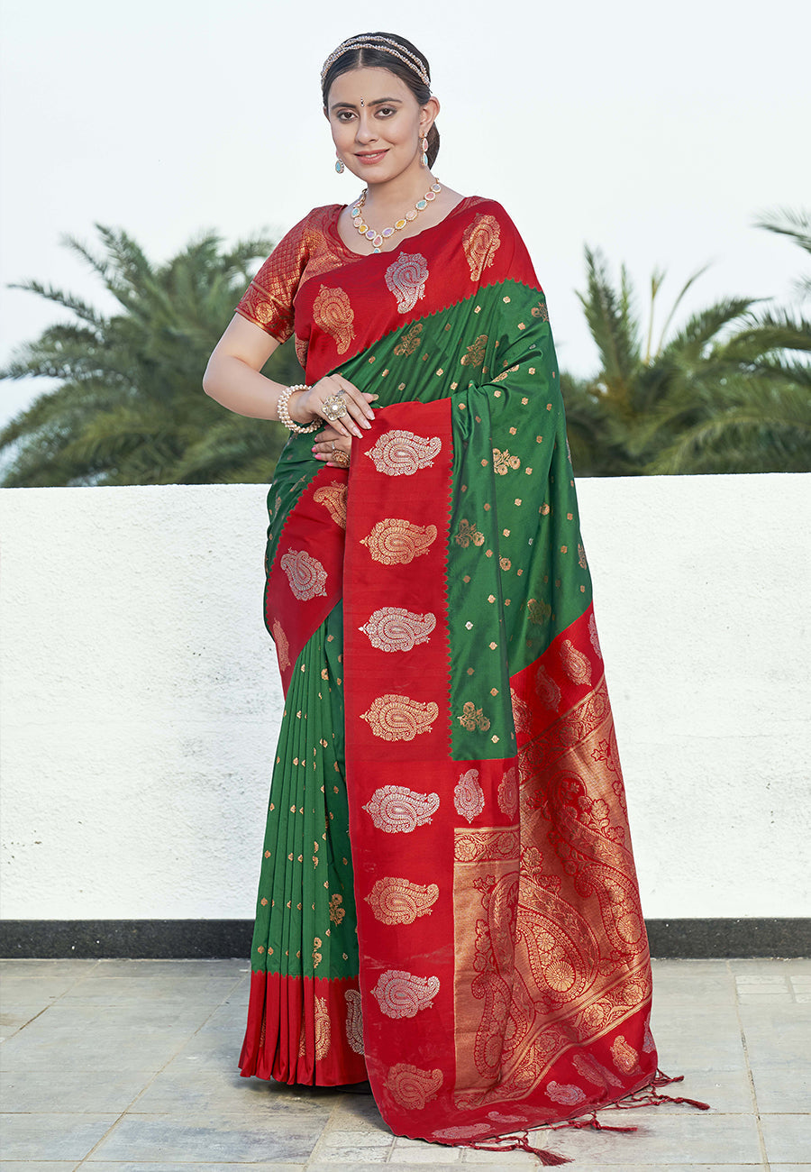 Bollywood Green Soft Silk Contrast Zari Woven Saree