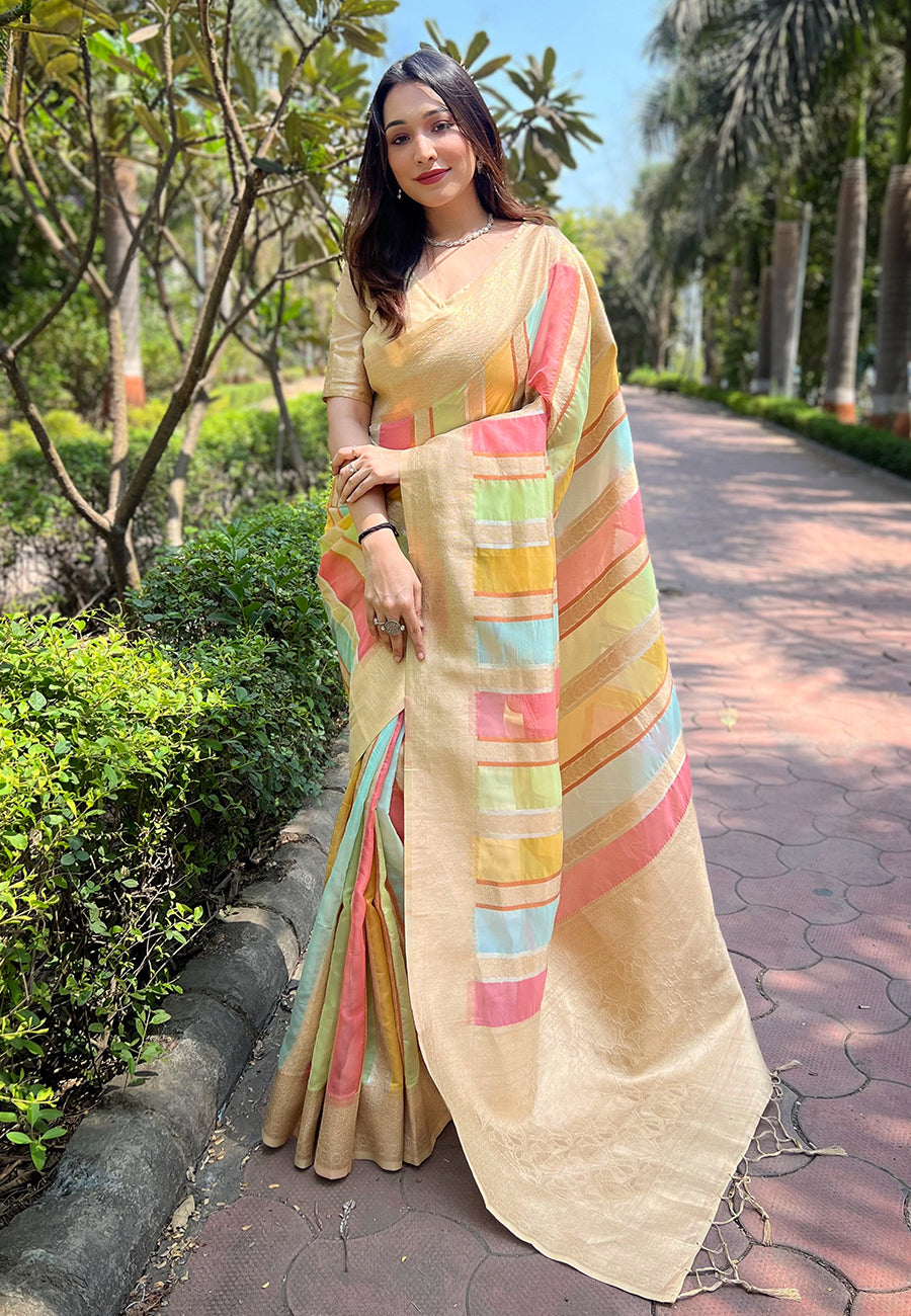 Cream Organza Multicolor Latest Zari Woven Saree