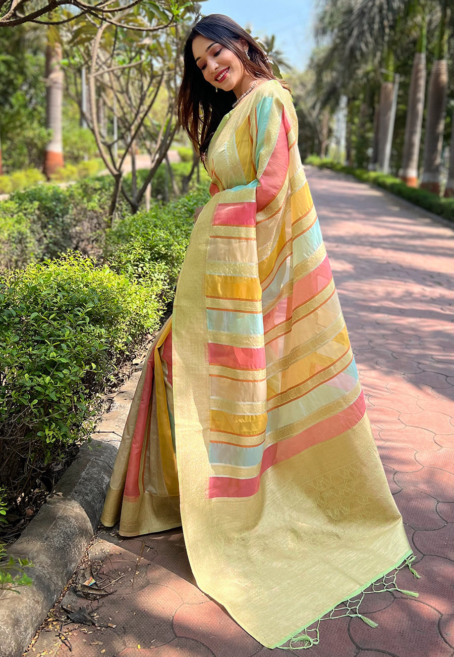 Mint Green Organza Multicolor Latest Zari Woven Saree