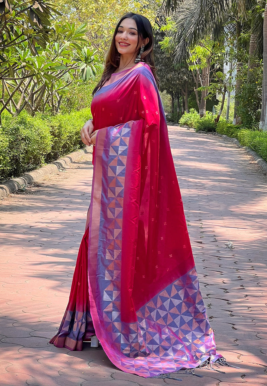 Dark Pink Soft Silk Floral Border Contrast Zari Woven Saree