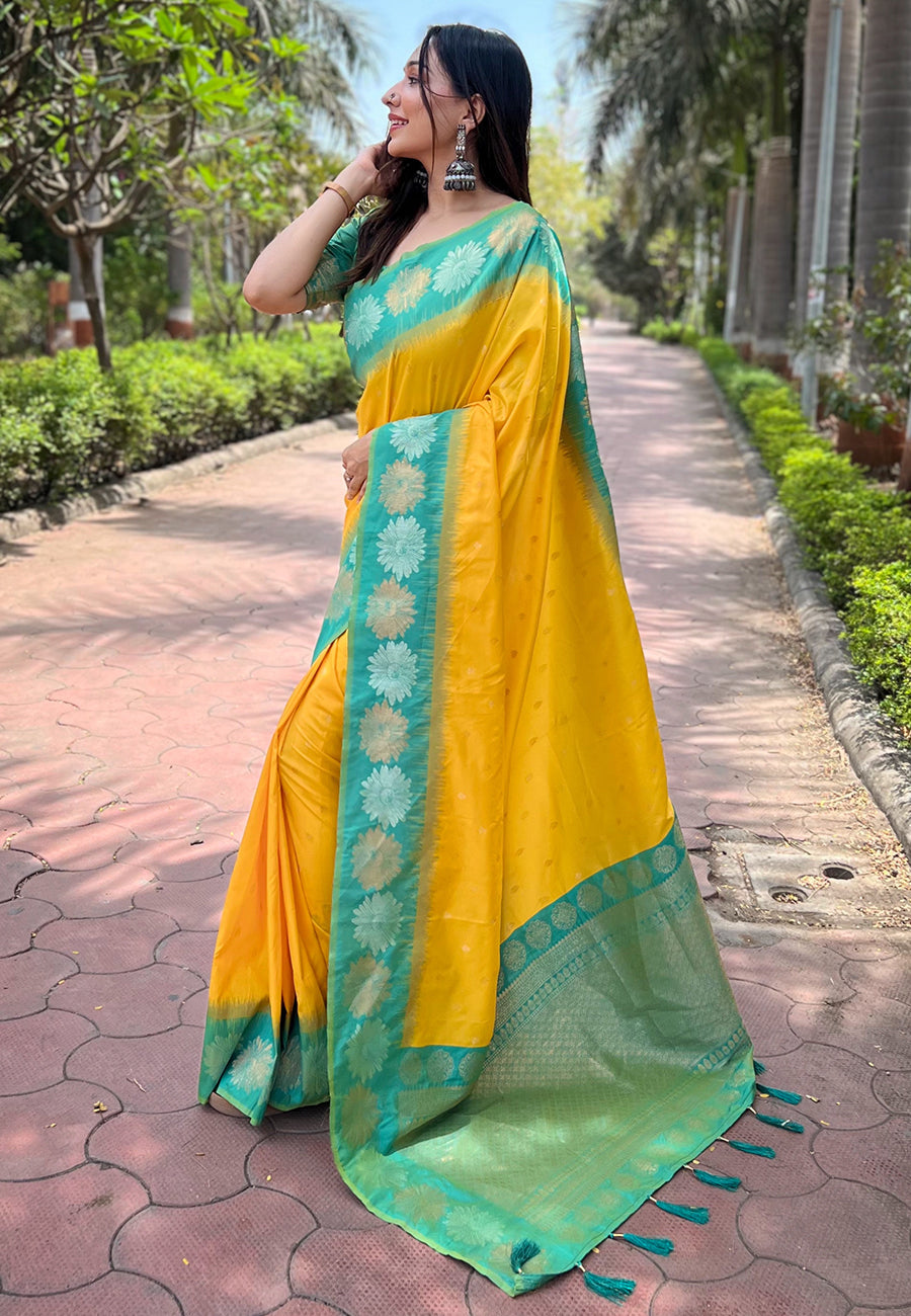 Yellow Soft Silk Floral Border Zari Woven Saree