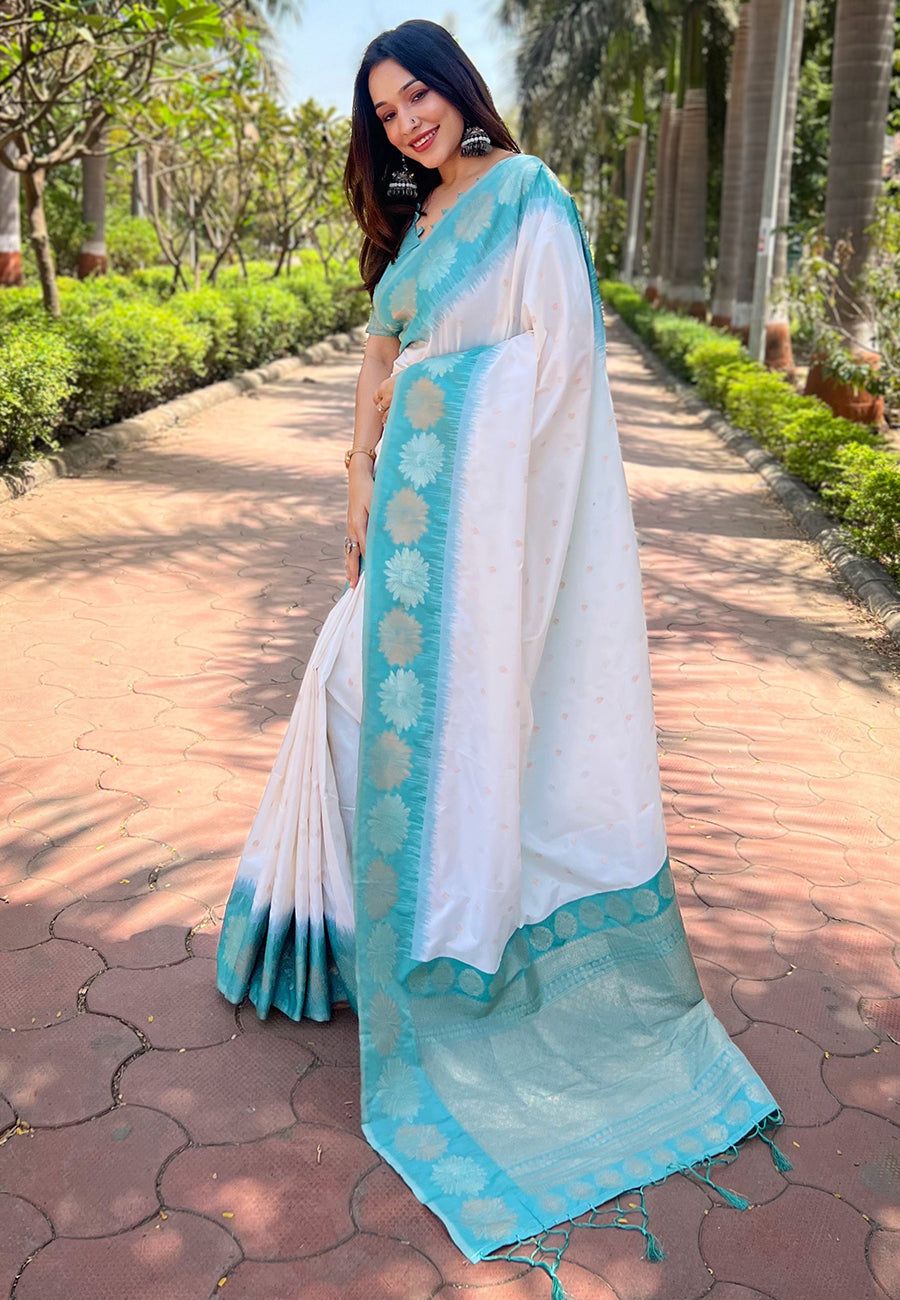 White Soft Silk Floral Border Zari Woven Saree