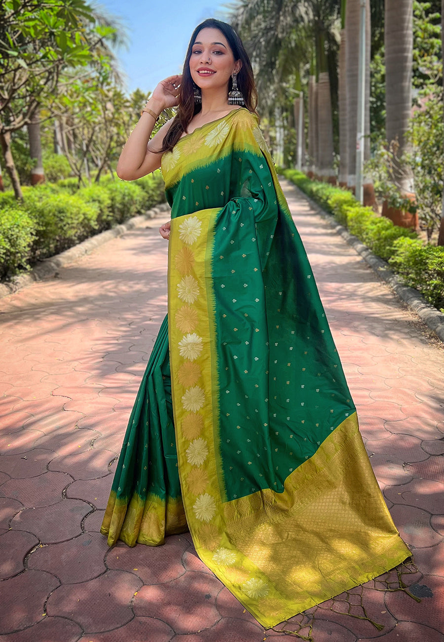 Dark Green Soft Silk Floral Border Zari Woven Saree