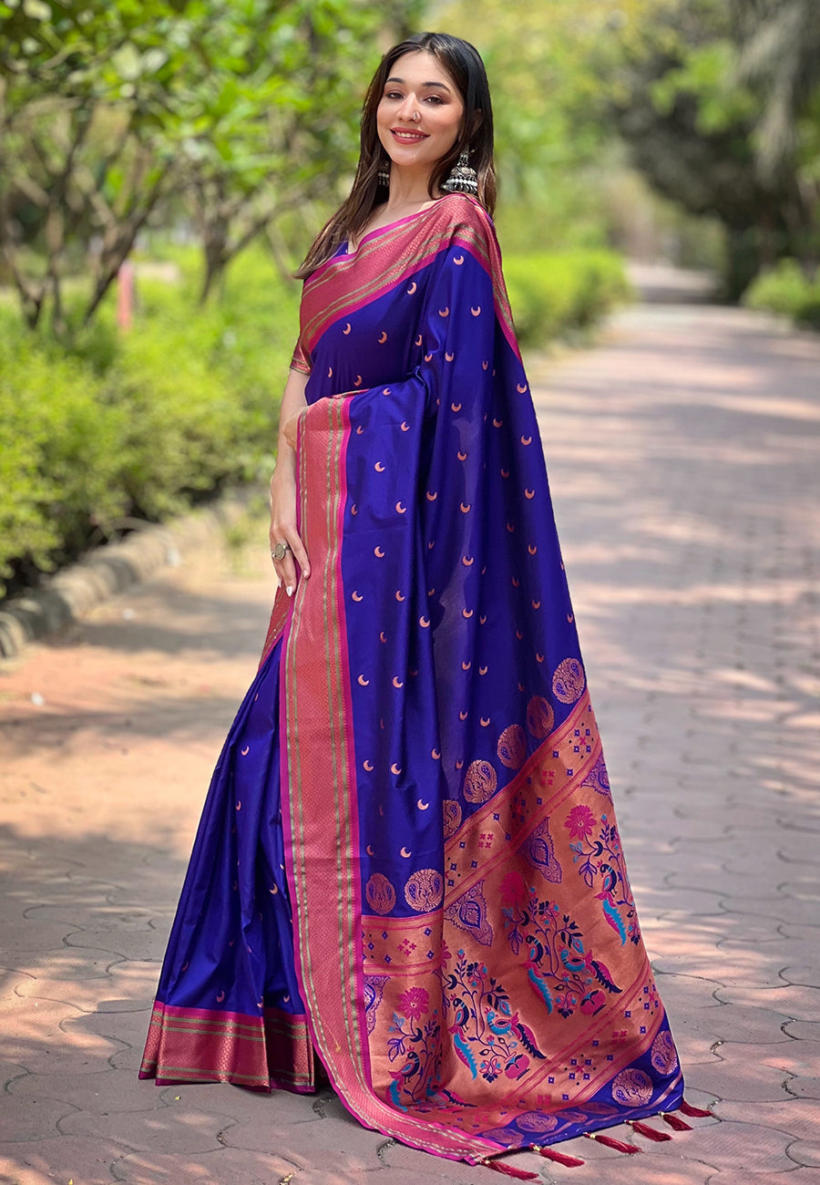 Violet Blue Contrast Zari Woven Chaand Yeola Paithani Silk Saree