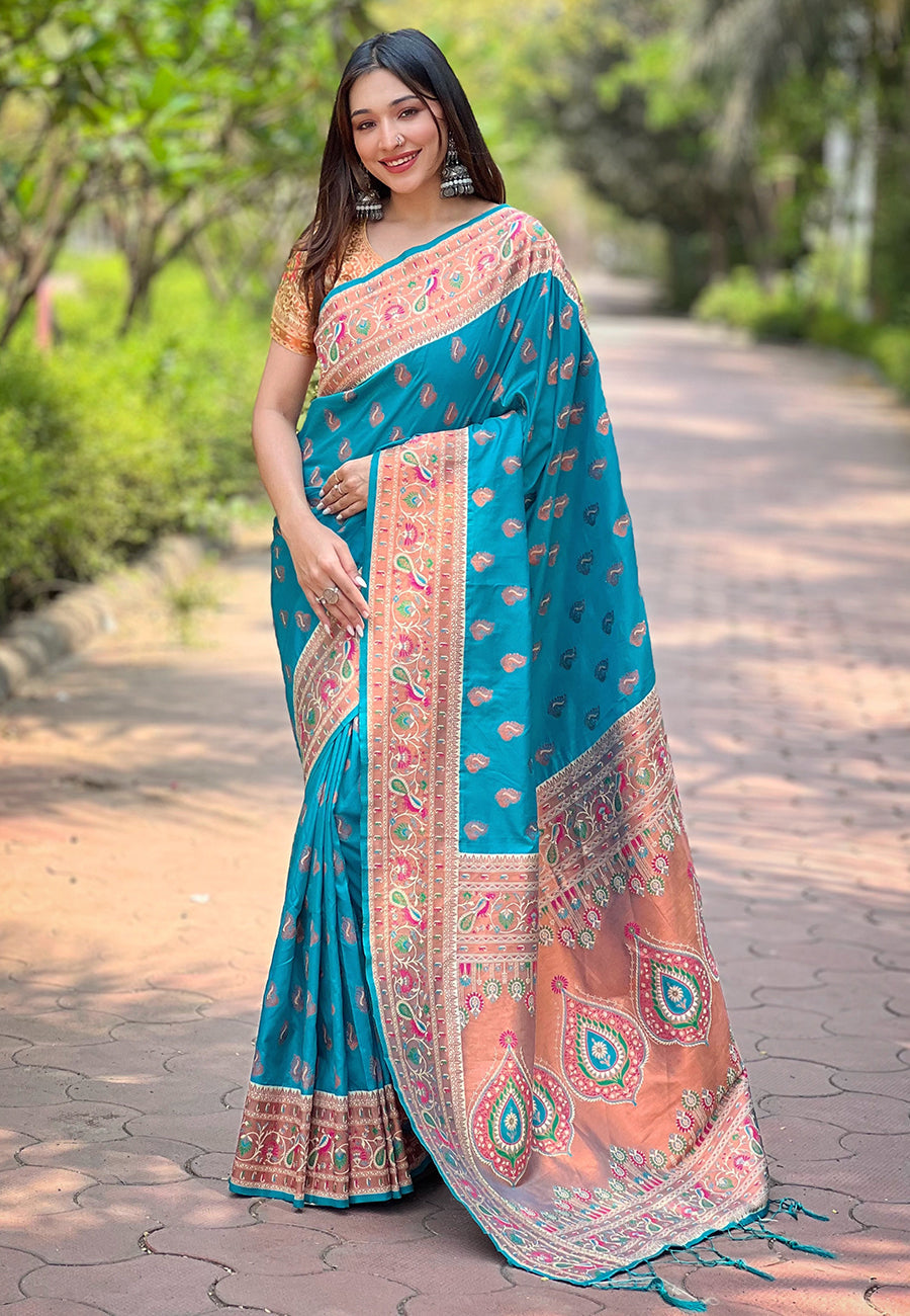 Cyan Blue Original Maharashtrian Meenakari Yeola Paithani Silk Zari Woven Saree