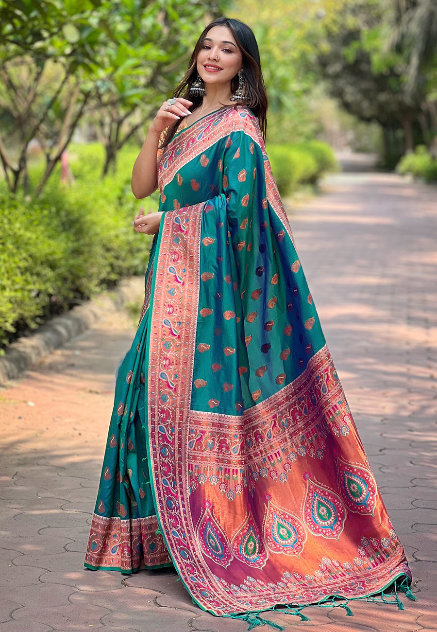 Green Original Maharashtrian Meenakari Yeola Paithani Silk Zari Woven Saree