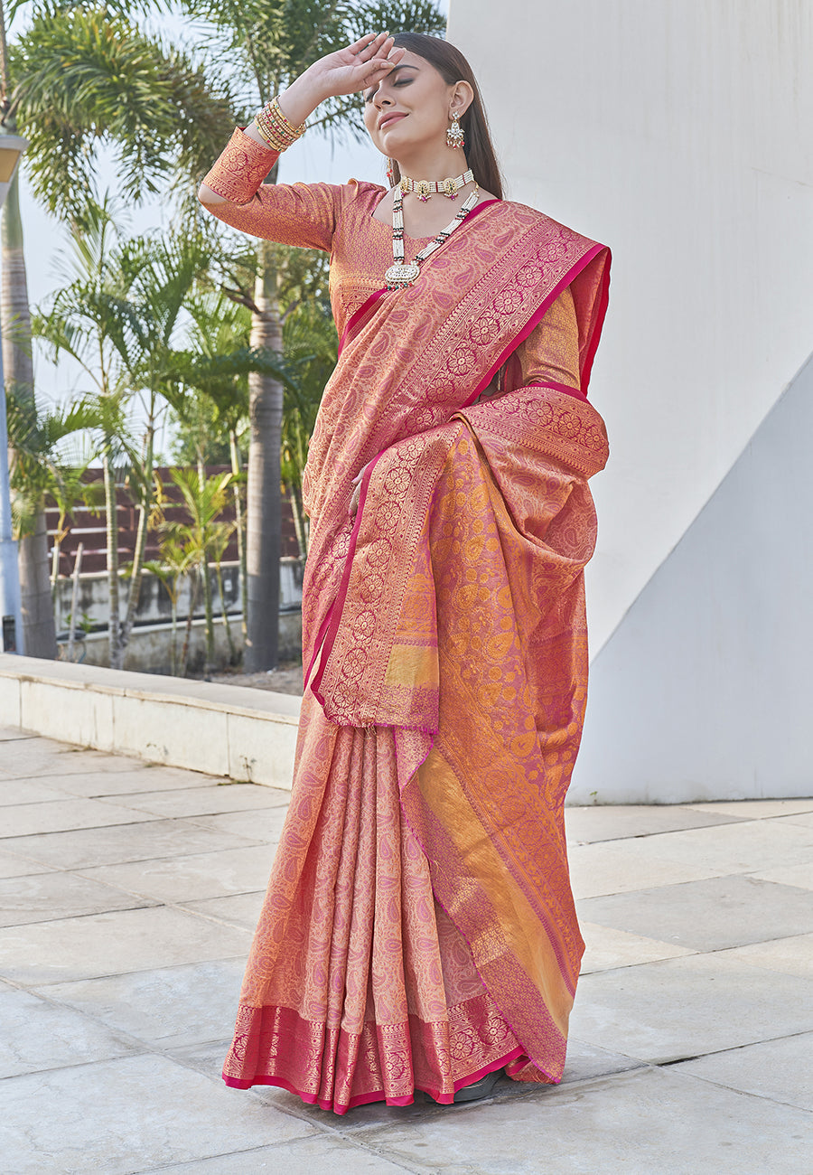 Peach Colour Soft Kashmiri Silk Saree Wiht Zari Woven