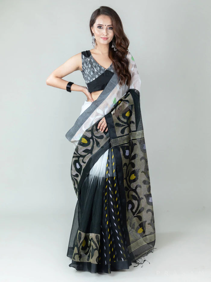 Black And White Bold Cloud Ajrakh Handmade Cotton Saree