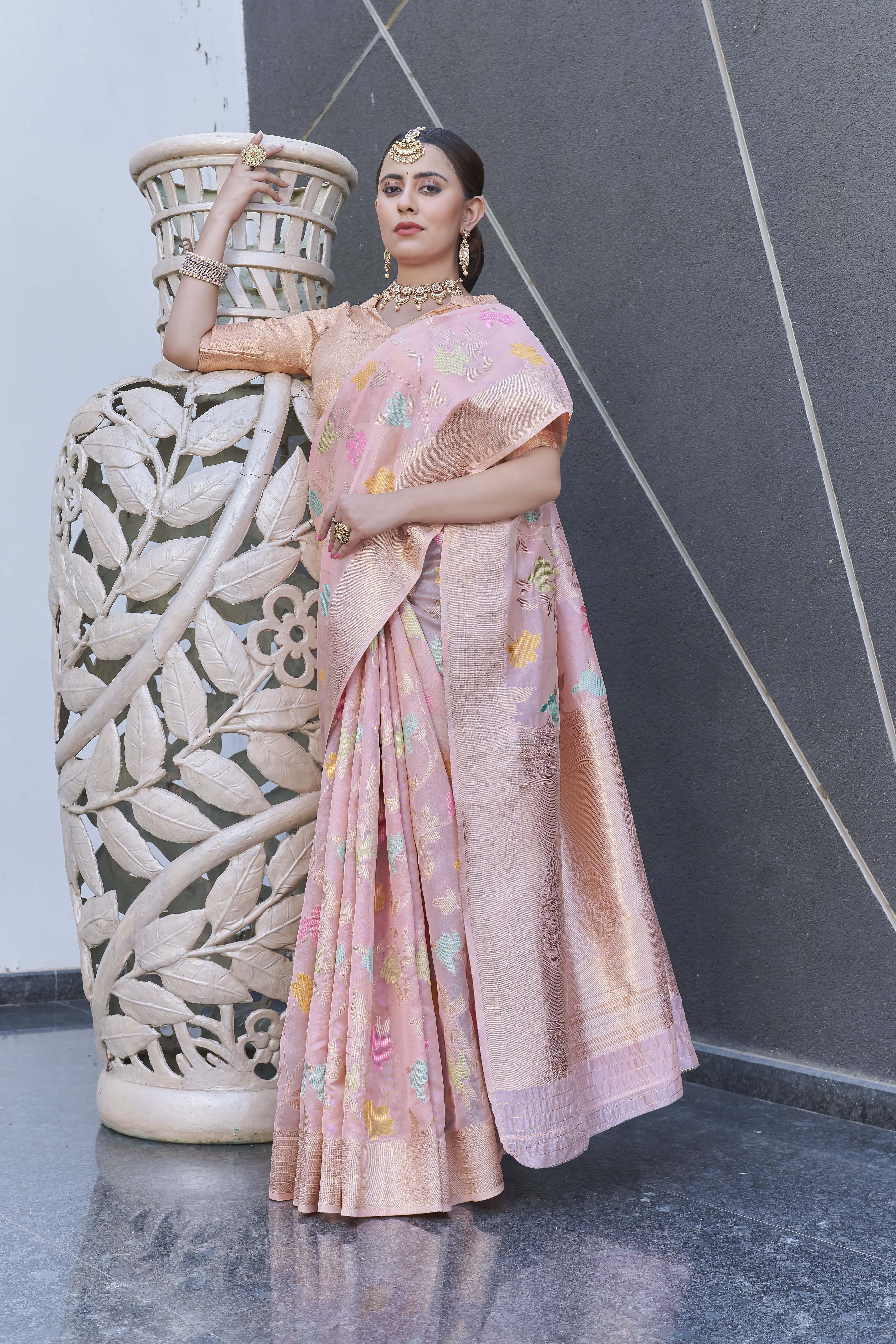 Baby Pink Organza Jaal Zari Woven Saree