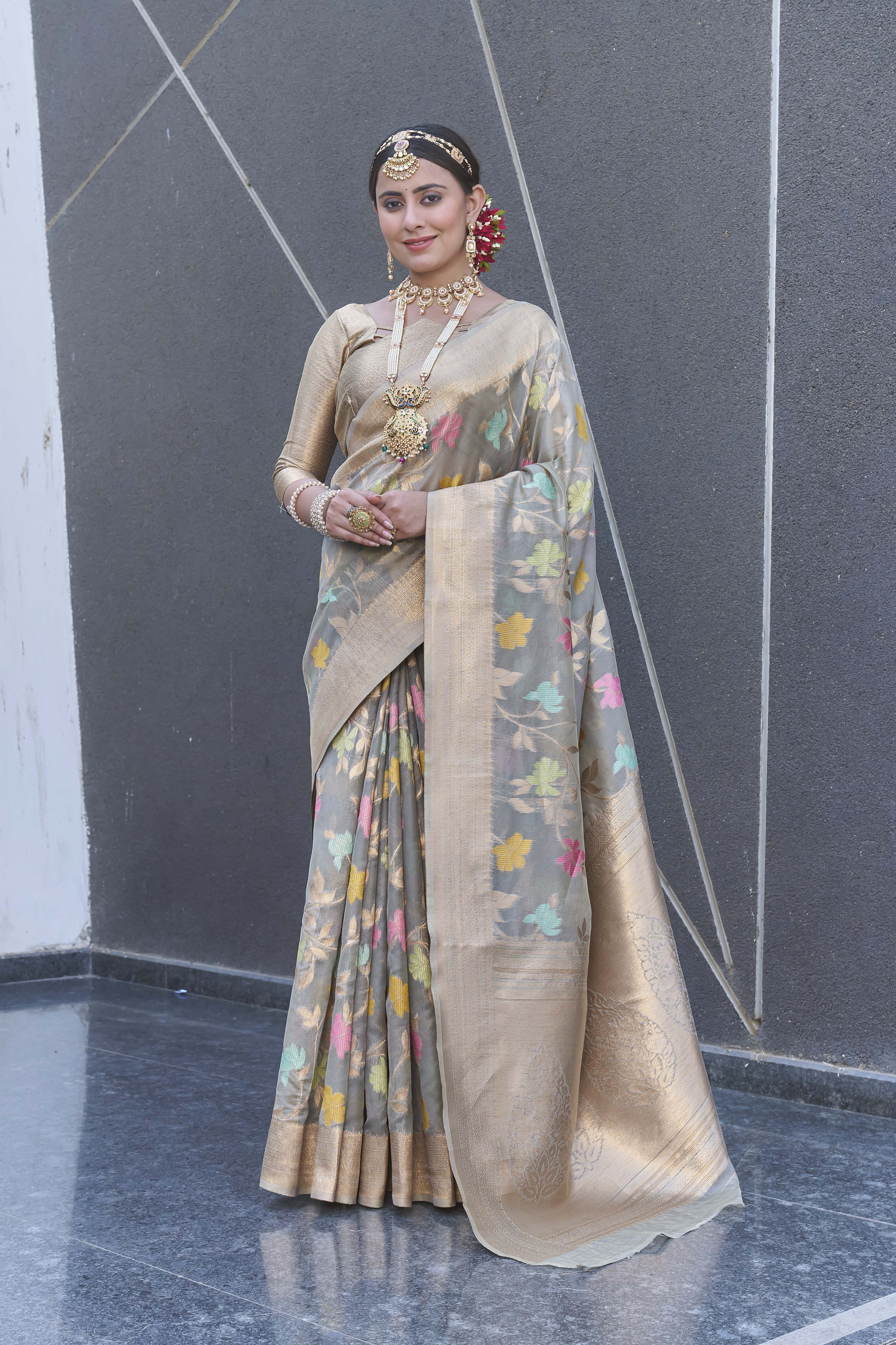 Grey Organza Jaal Zari Woven Saree