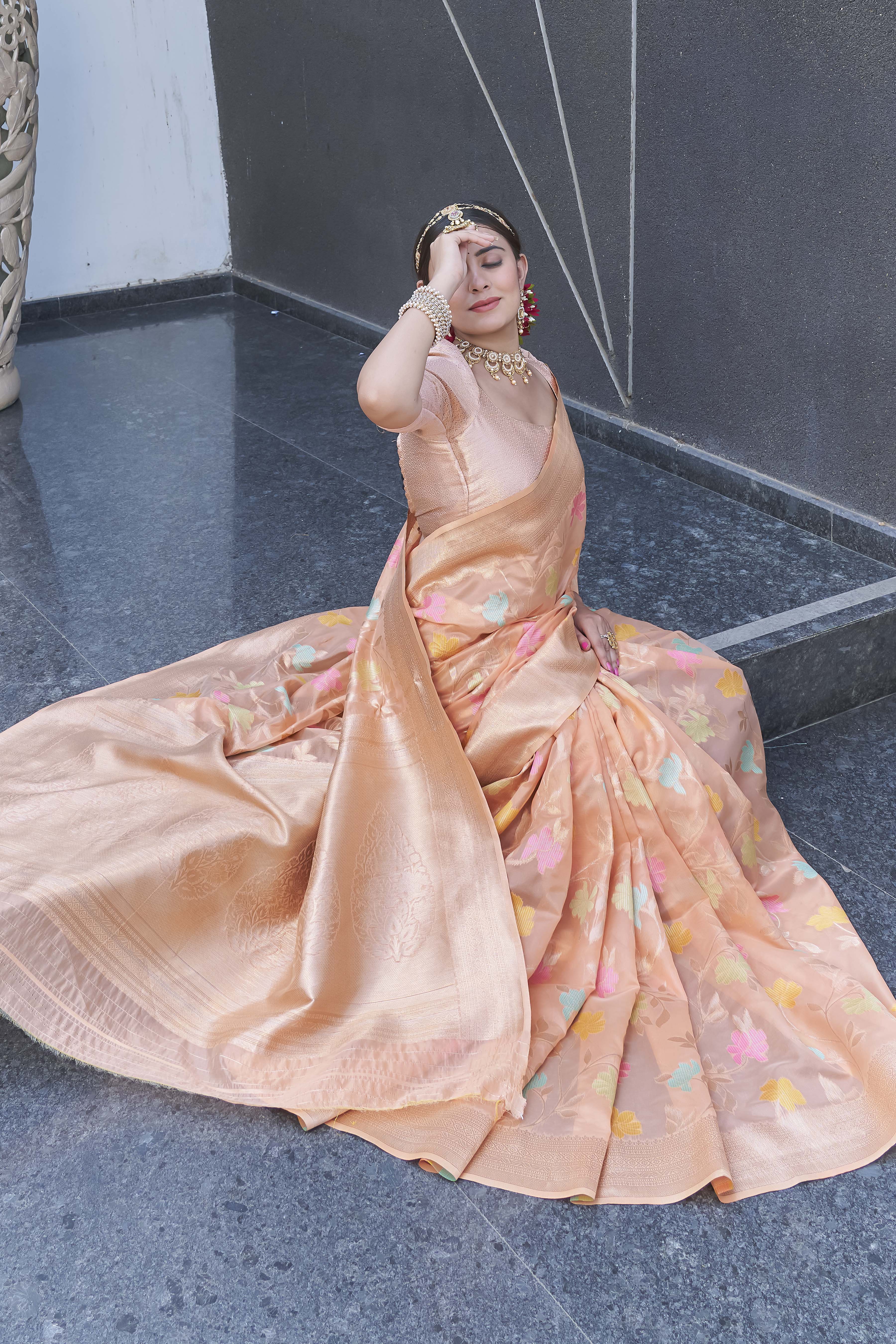Peach Organza Jaal Zari Woven Saree