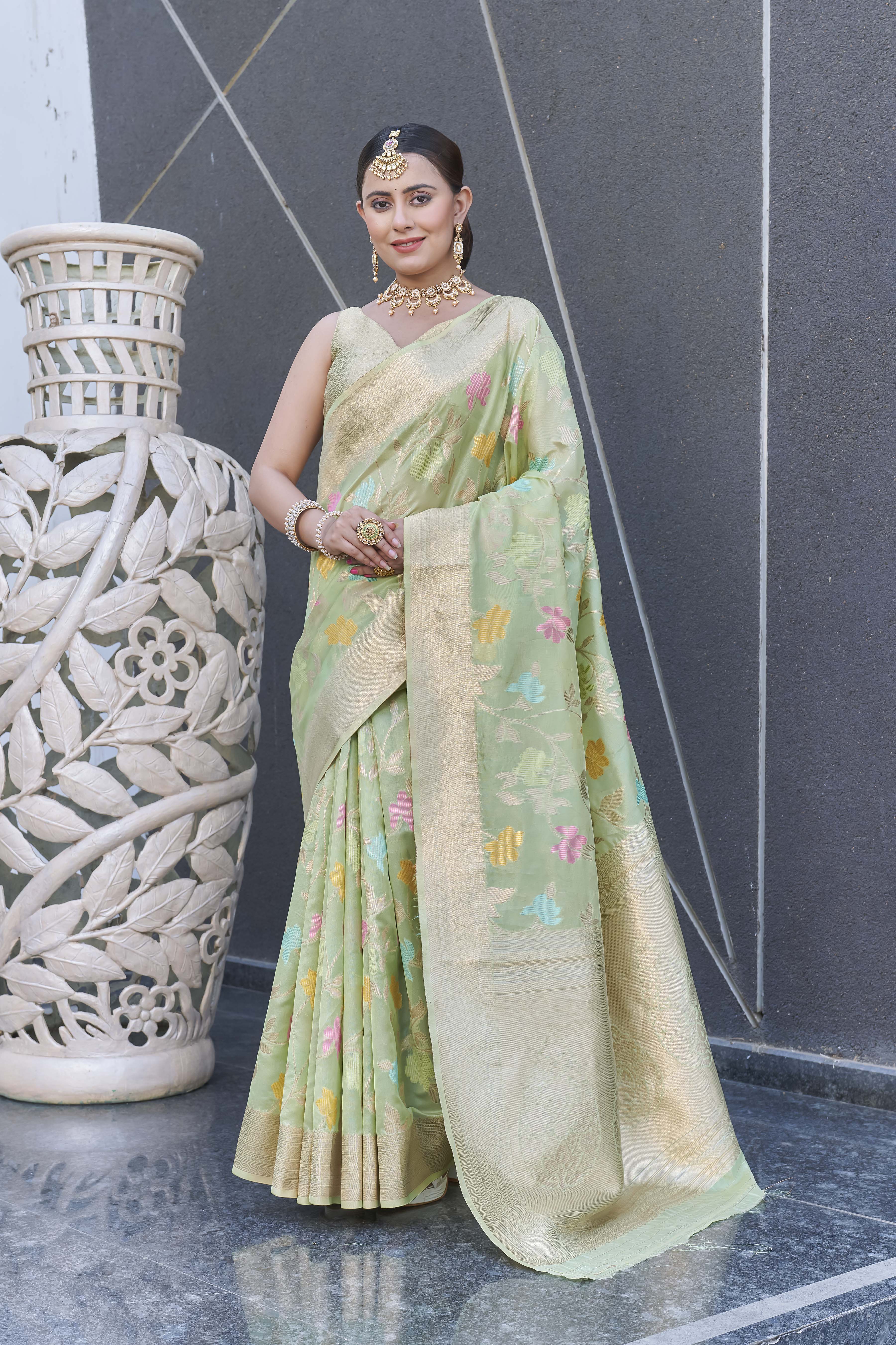 Pastel Green Organza Jaal Zari Woven Saree