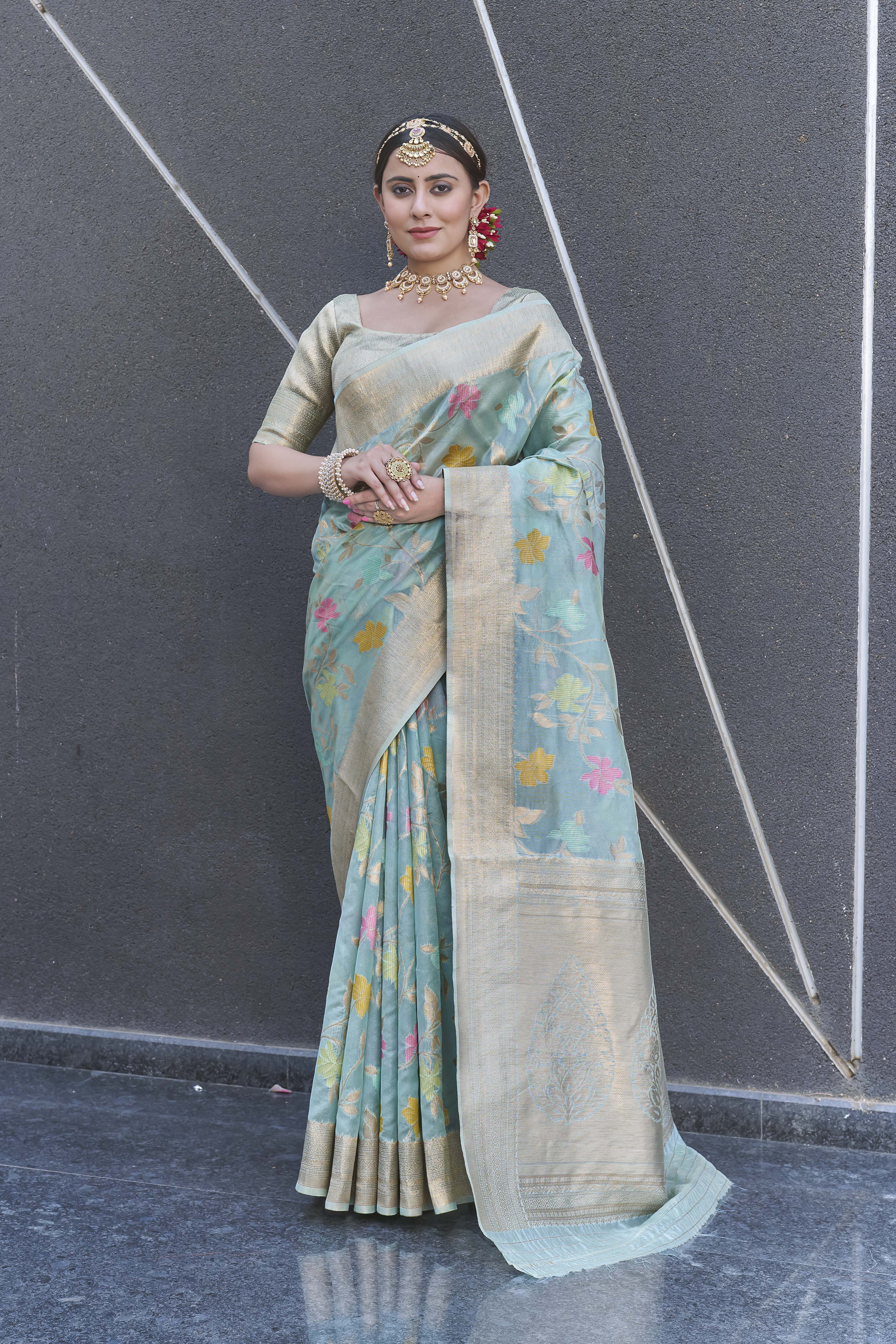 Sky Blue Organza Jaal Zari Woven Saree