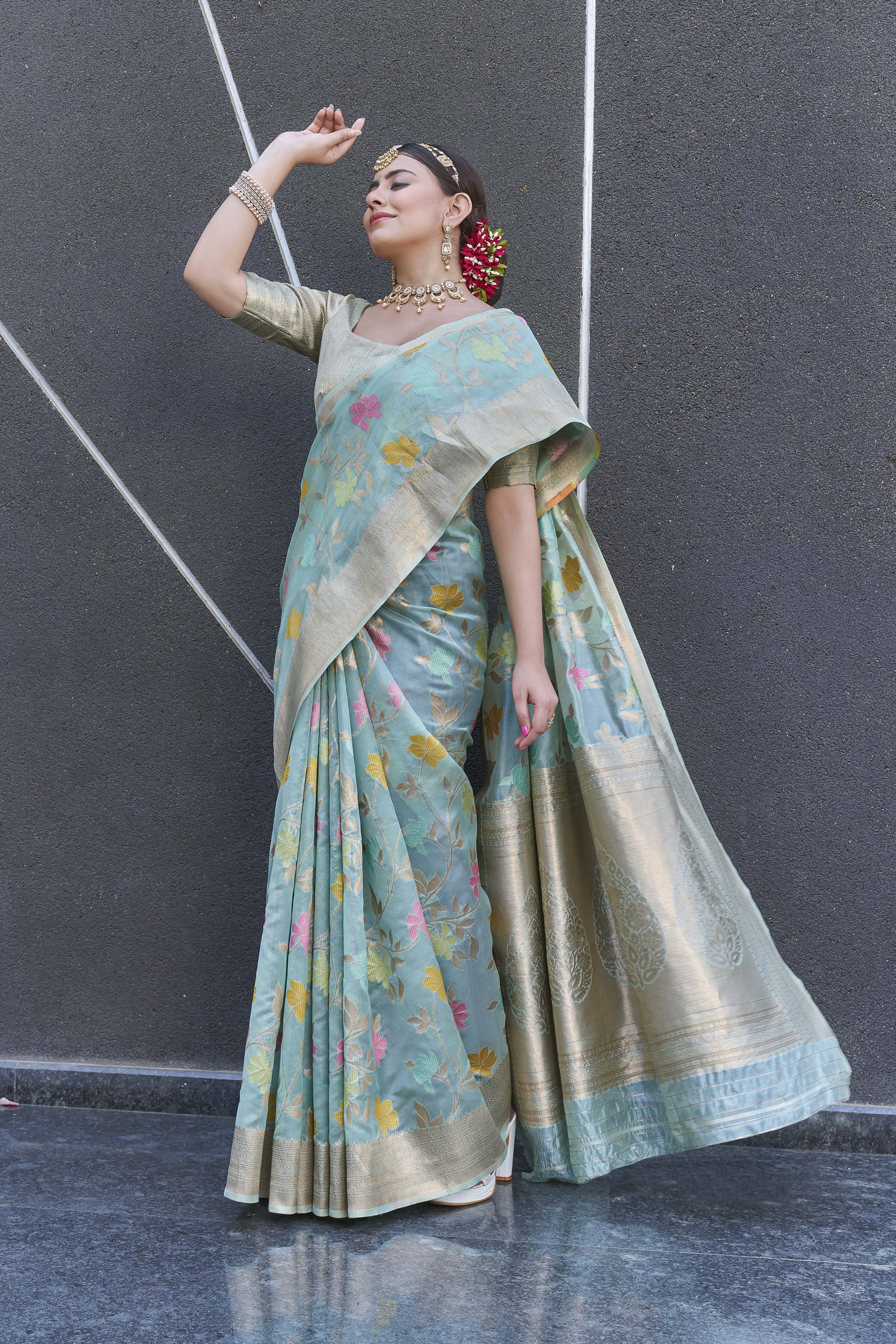 Sky Blue Organza Jaal Zari Woven Saree