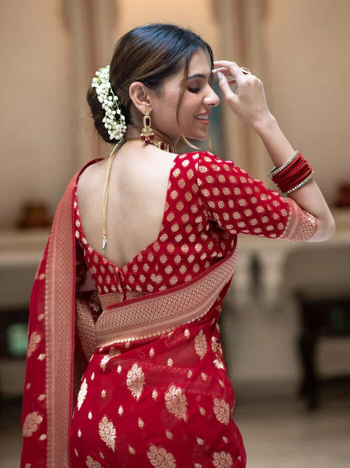 Scarlet Red Banarasi Soft Silk Saree