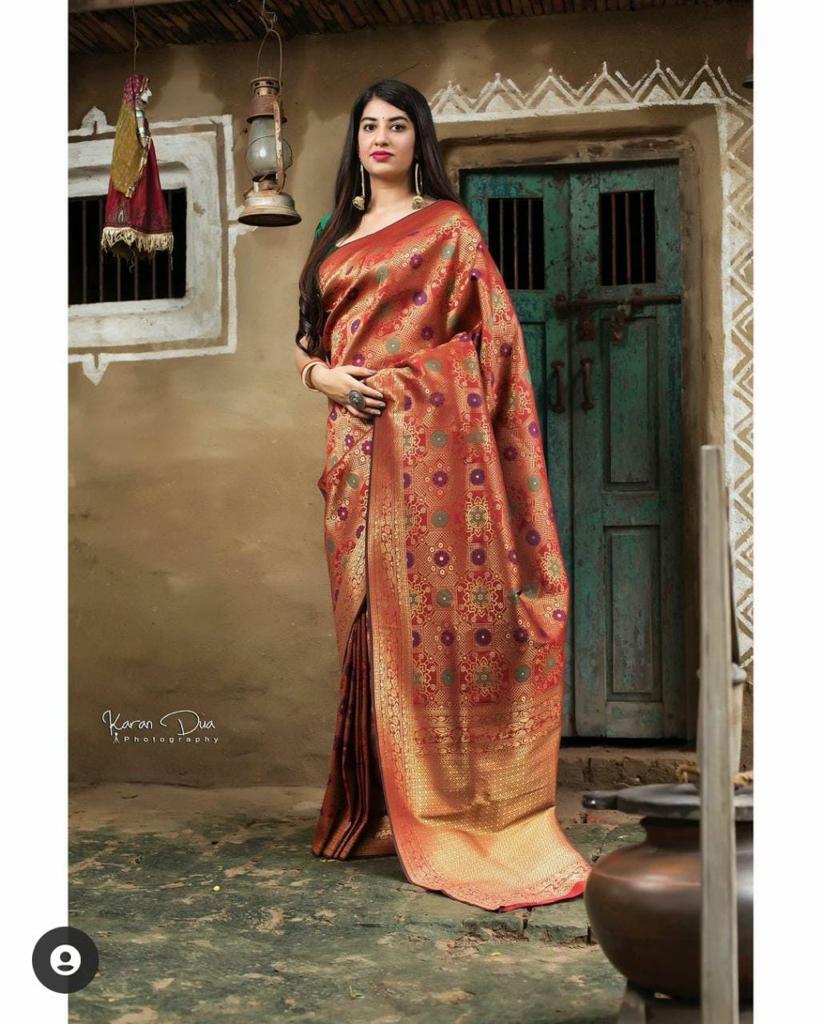 Red With Green Butta Soft Silk Banarasi Saree