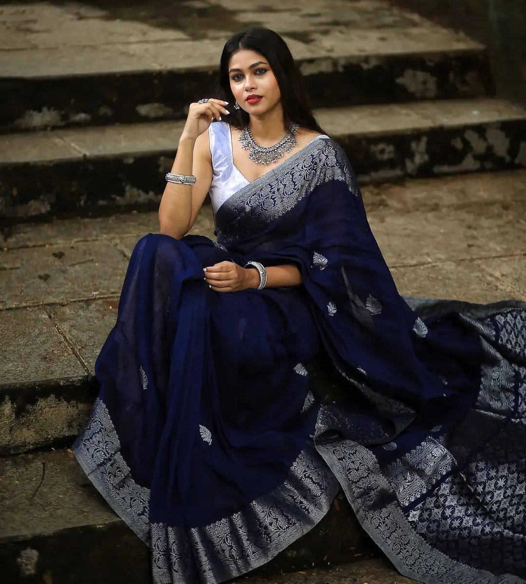 Navy Blue With Silver Patta Soft Banarasi Silk Traditional Saree