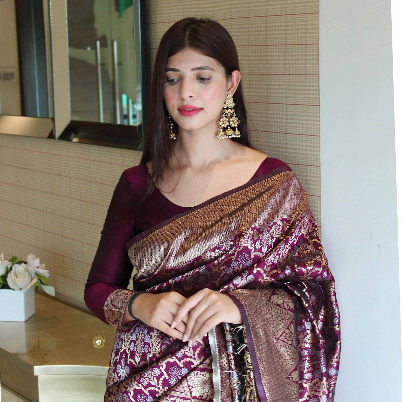 Maroon Panddi With Zari Boder Banarasi Soft silk Saree
