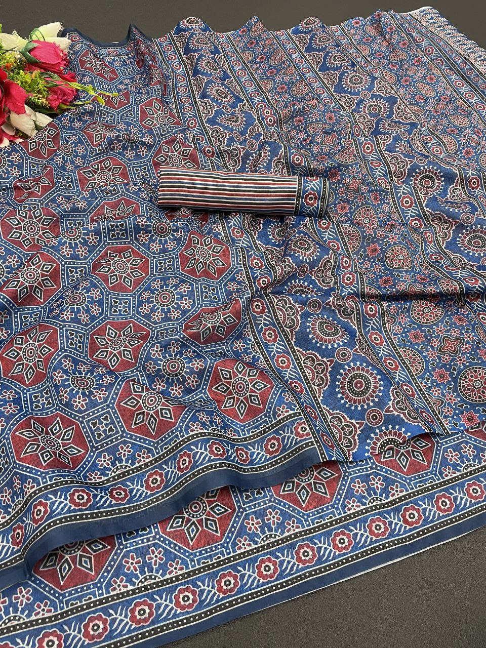 Gorgeous Wearing Ajrakh Hand Block Printed Modal Silk Saree