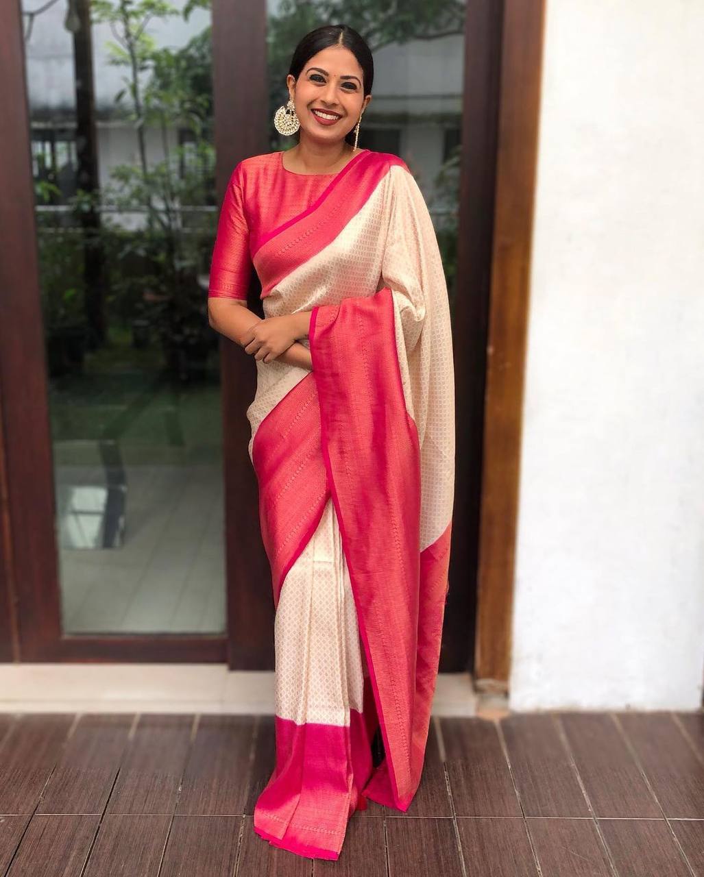 Traditional Lichi Silk In The Shades Of White And Pink & Cream Saree