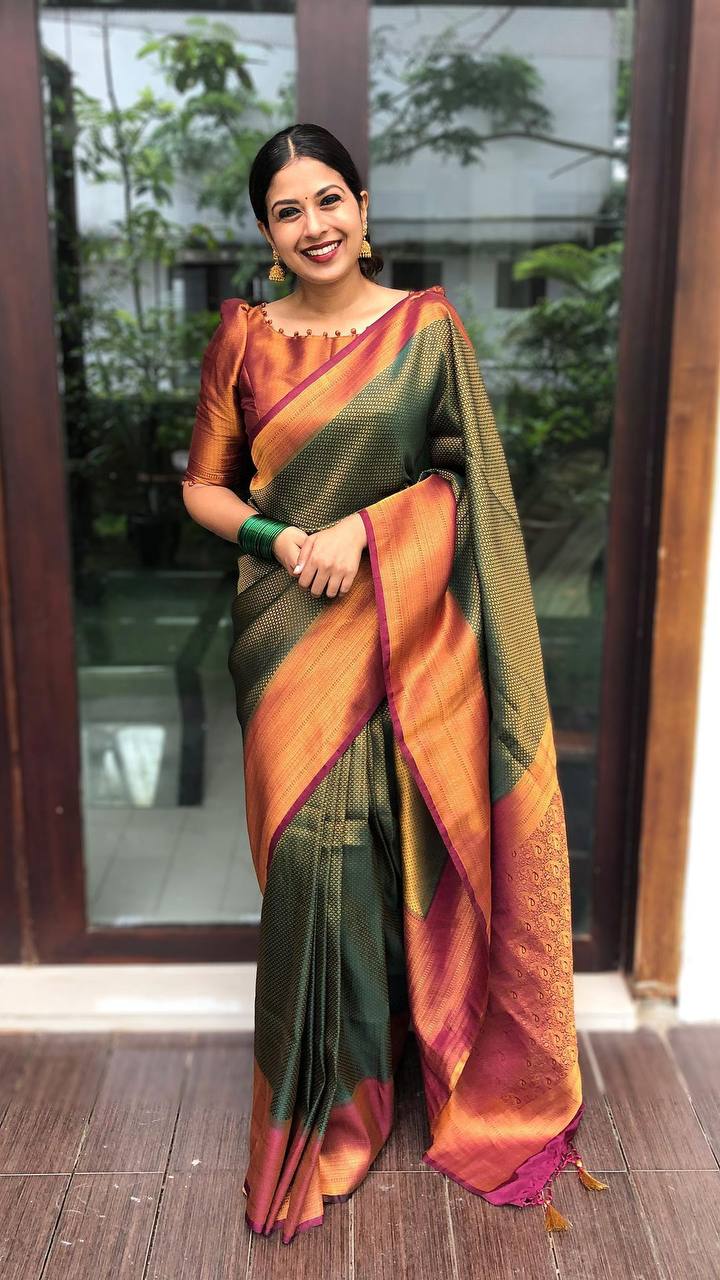Red With Maroon Combition Copper Zari Weaving Lichi Silk Saree
