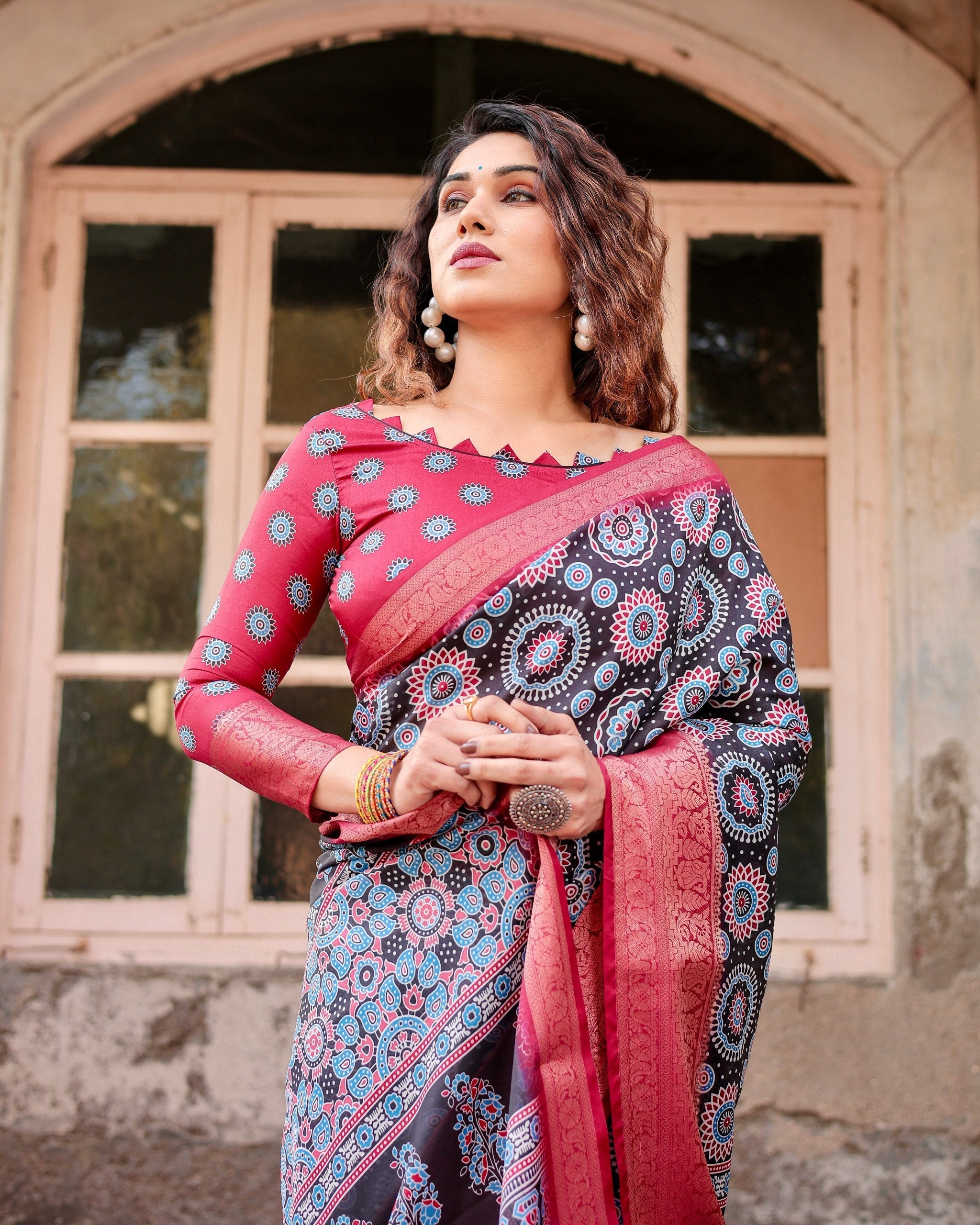 Black & Pink Floral Printed Cotton Silk Saree