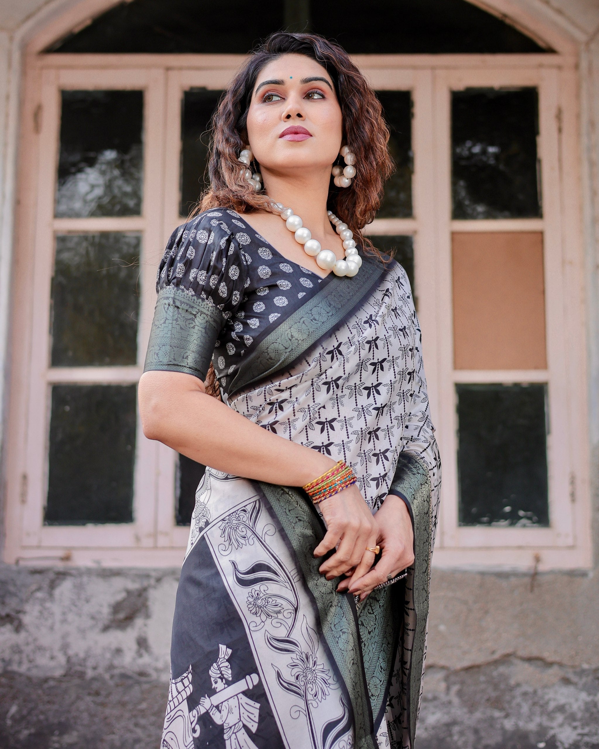 Cream & Black Floral Printed Cotton Silk Saree