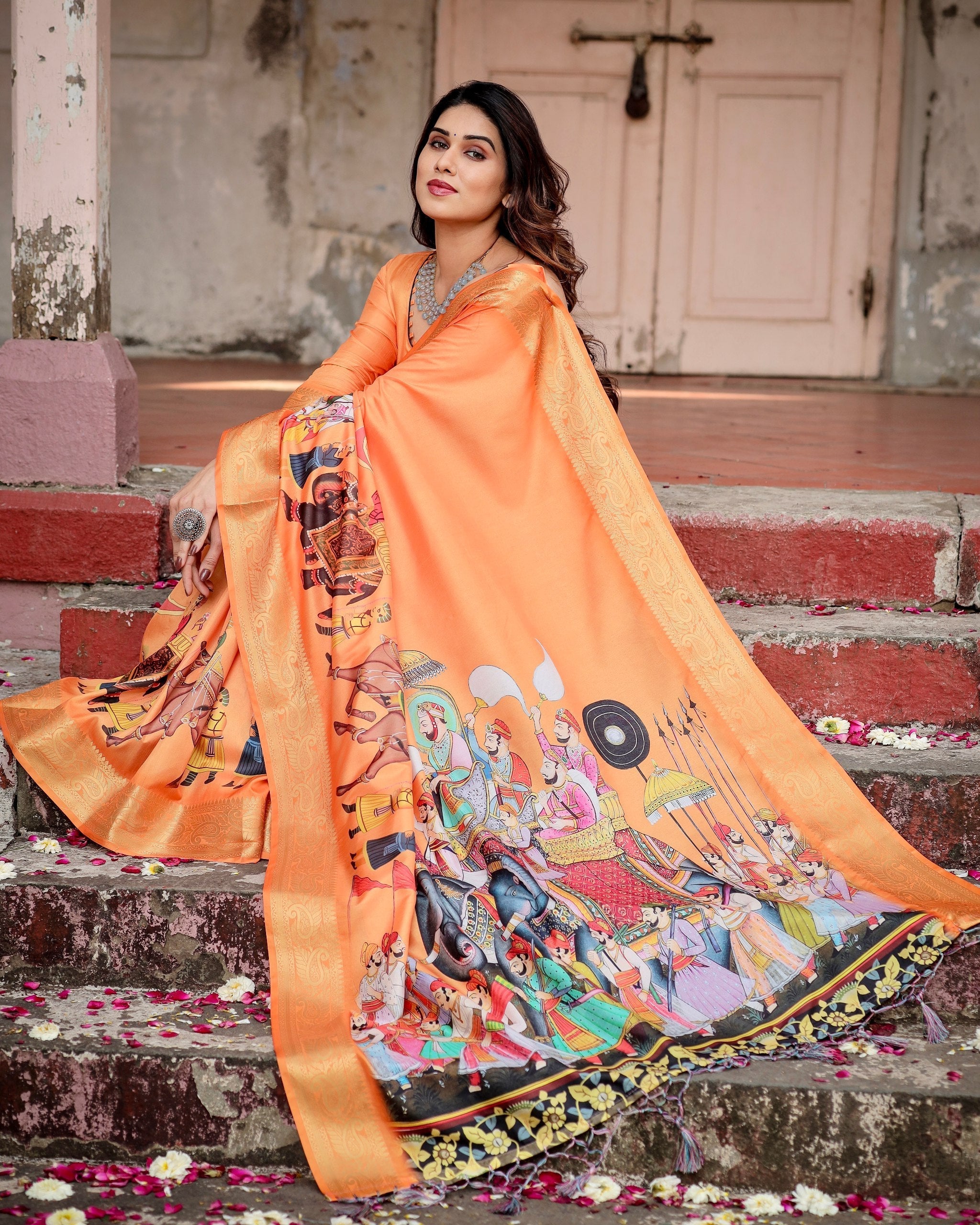 Orange Floral Printed Cotton Silk Saree