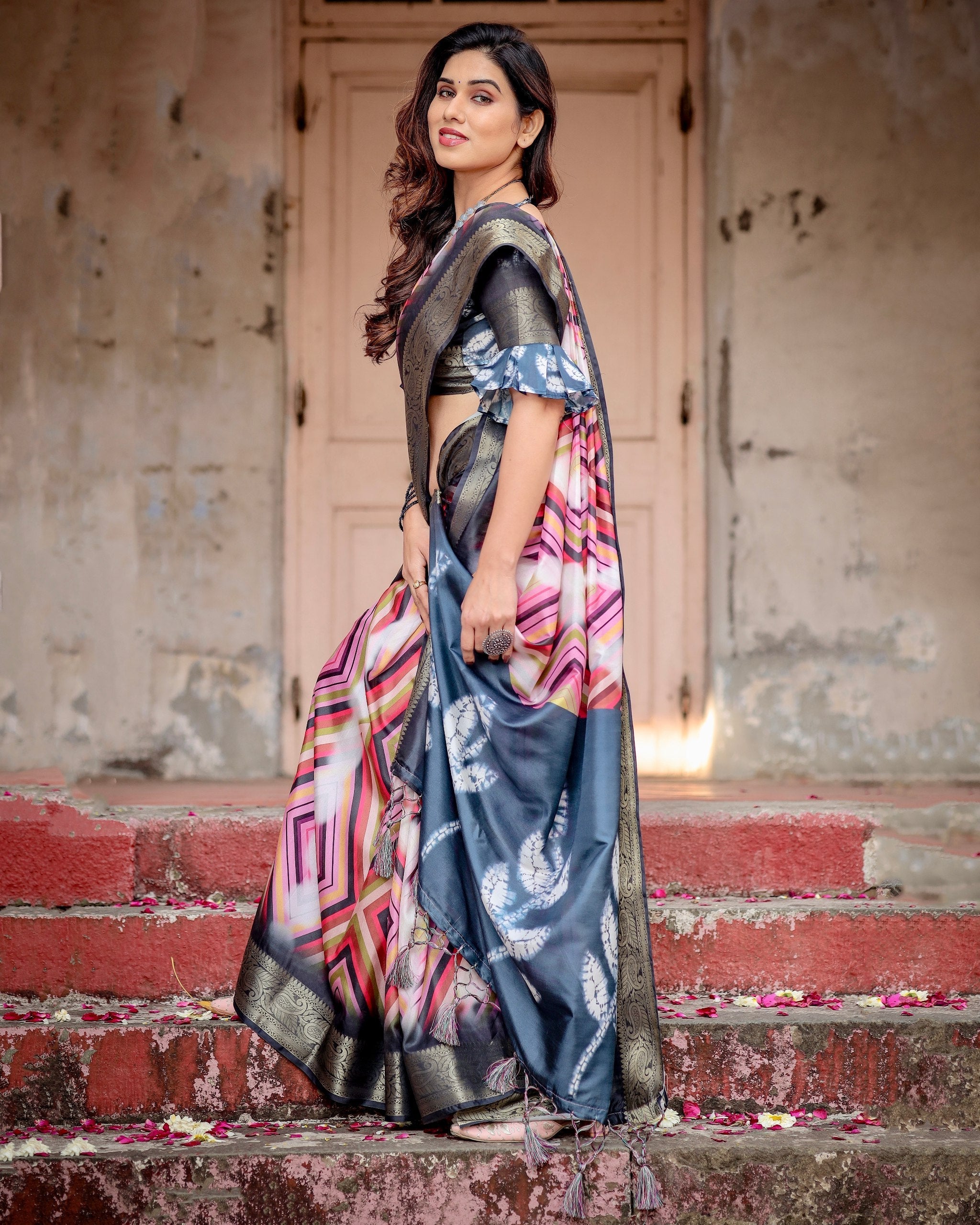 Black & Multi Floral Printed Cotton Silk Saree