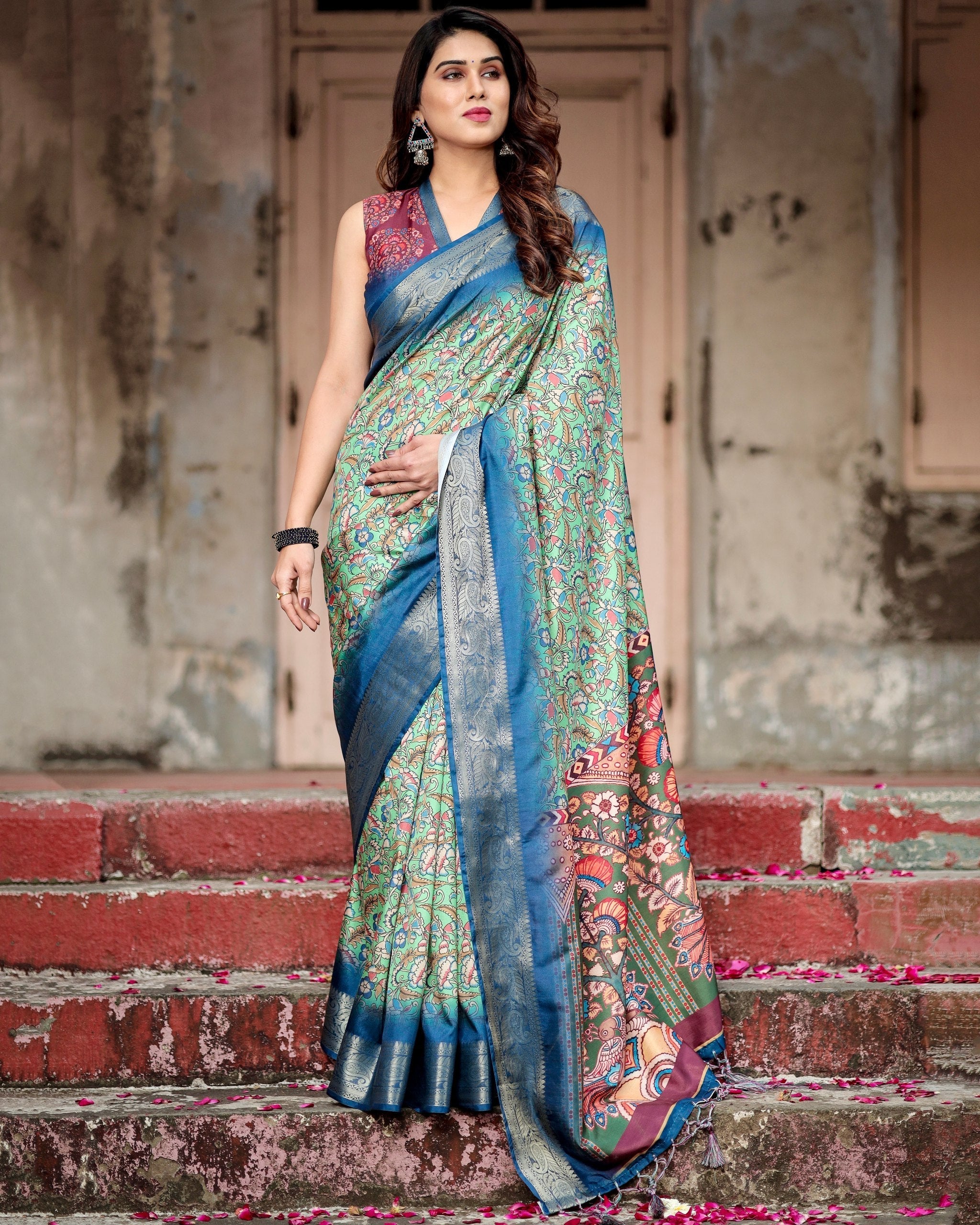 Light Green & Blue Floral Printed Cotton Silk Saree