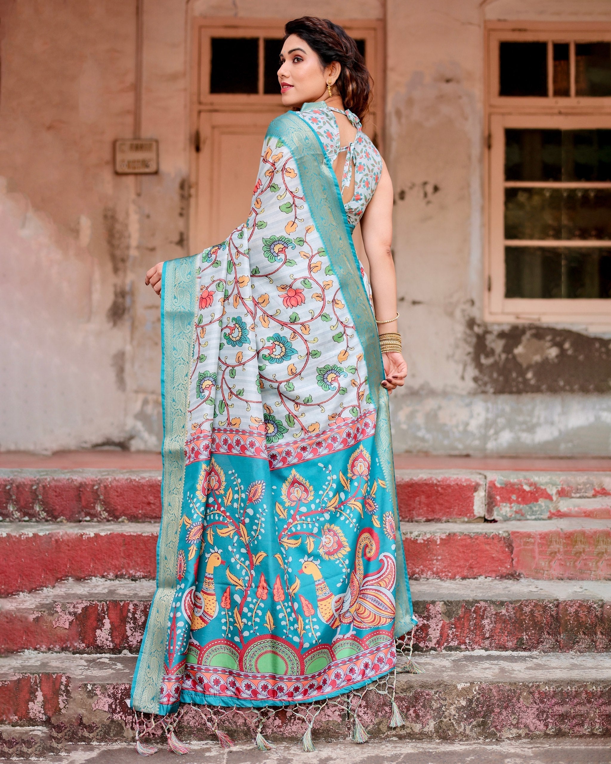Baby Blue Floral Printed Cotton Silk Saree