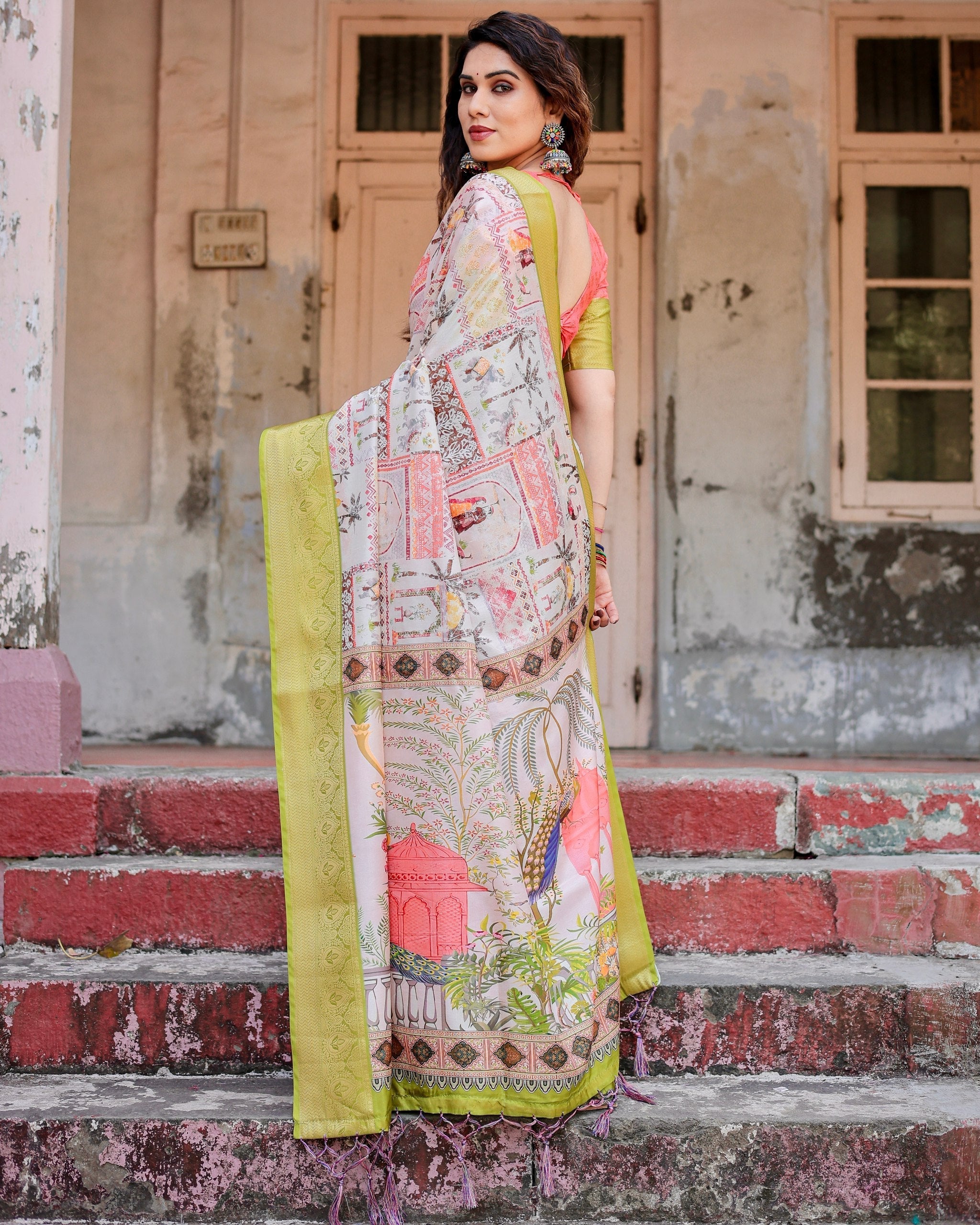 Multi Color Floral Printed Cotton Silk Saree
